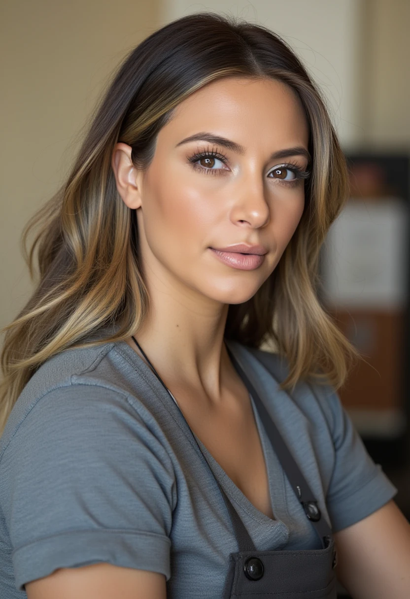 woman, light makeup, dressed as a cashier, at a register, direct eye contact, k1mk4rd