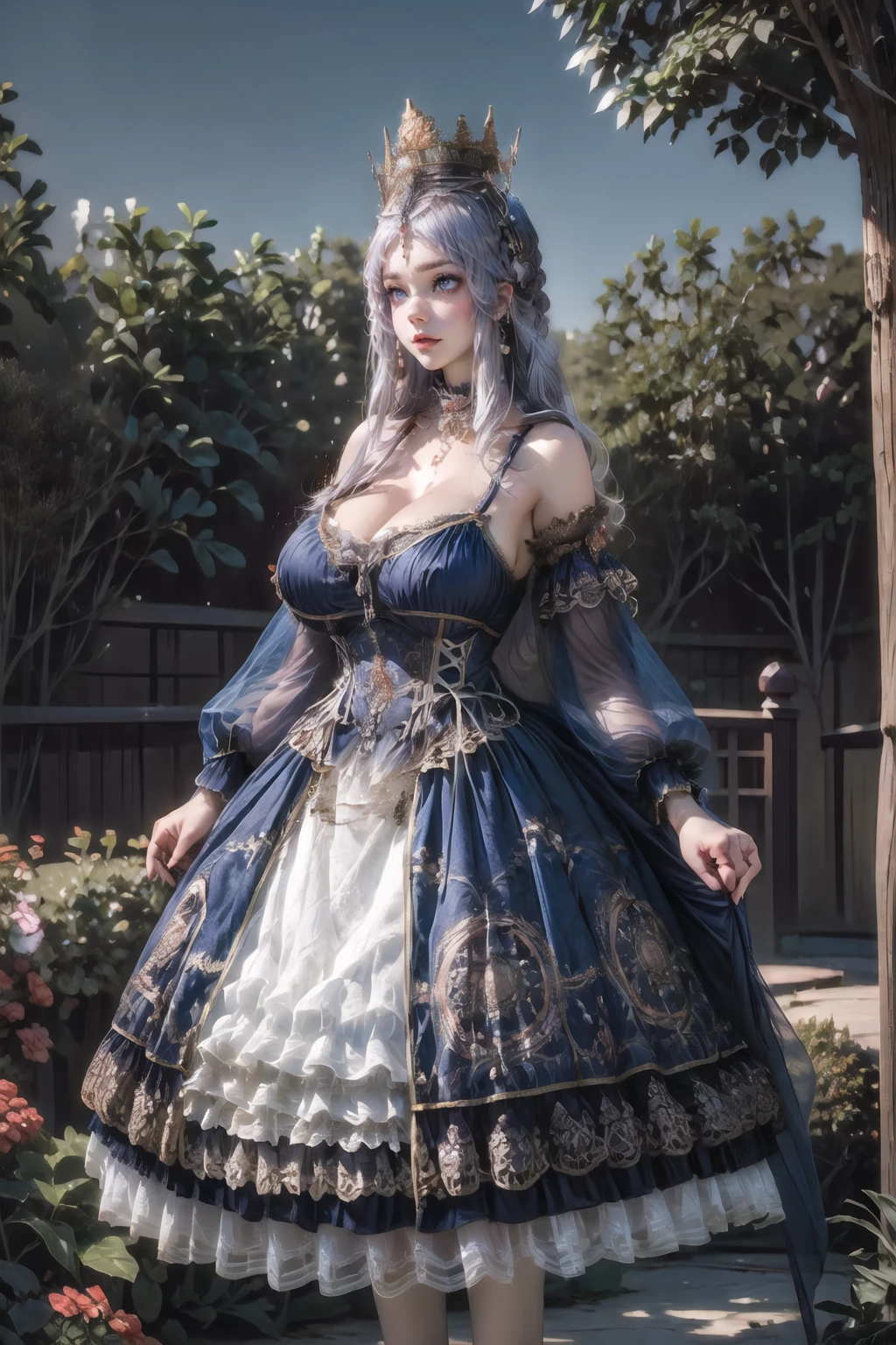 (masterpiece, best quality:1.2),illustration,8k,hd,1 girl,very long hair,standing,solo,(cowboy shot:1.2),(silver hair:1.2),cxzg,dress,cyan dress,tiara,detached sleeves,jewelry,necklace,frills,lace,cross-laced clothes,crown,big breasts,(cleavage:1.4),(bouncing breasts:1.2),(NSFW:1.2),(garden, outdoors :1.4),(European princess:1.3),