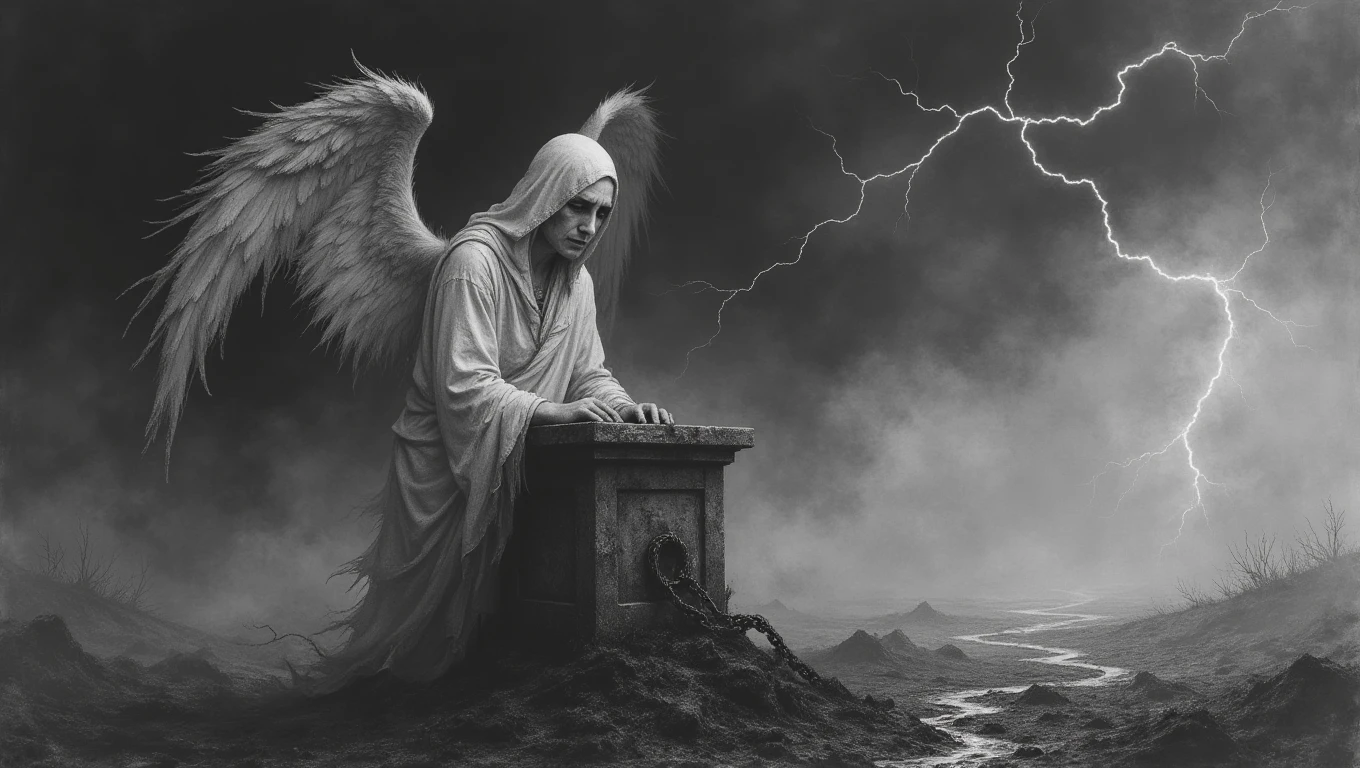 An angel with tattered wings and a face twisted in agony is chained to a stone altar in the middle of a desolate wasteland. The angelâs once-white robes are stained with blood, and their eyes are hollow, filled with despair. The sky above is dark and stormy, with flashes of lightning illuminating the bleak landscape. The style is tragic and haunting, capturing the fall from grace of the tormented angel and the desolation of the wasteland
<lora:The_Desolation_Flux:0.6>