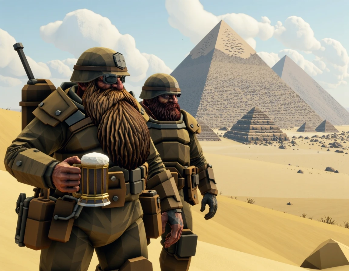 2guys, driller and scout, holding a beer stein mug, beard, armored, walking past the great pyramids, sand, great view, 
 <lora:DeepRock-v3:1> deeprock