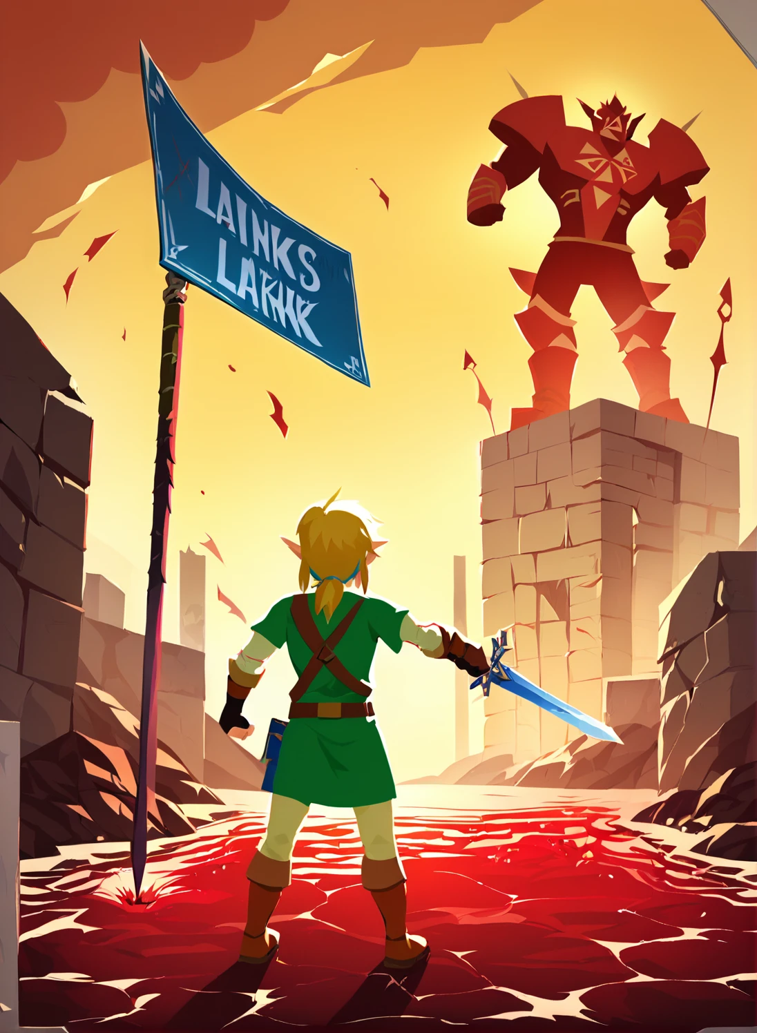 score_9,score_8_up,score_7_up,score_6_up,score_5_up, yellow sky, black cloud, red water digital art, 2d, (masterpiece), Link from Legend of Zelda, Link, blonde hair, from behind, battle scars, (English text, date, poster, test says legend of zelda text) BREAK green tunic, chainmail, brown boots, leather gloves, Hylian shield, Master Sword, belt with pouches, pants, battlefield, Hyrule field, ruins, dark clouds, broken structures, debris, fighting stance, slashing with Master Sword, holding Hylian shield up, dodging attack, Moblins, Lizalfos, Ganondorf, armored, wielding weapons, menacing, jhnstyle <lora:Jo001-000014 (1):1>