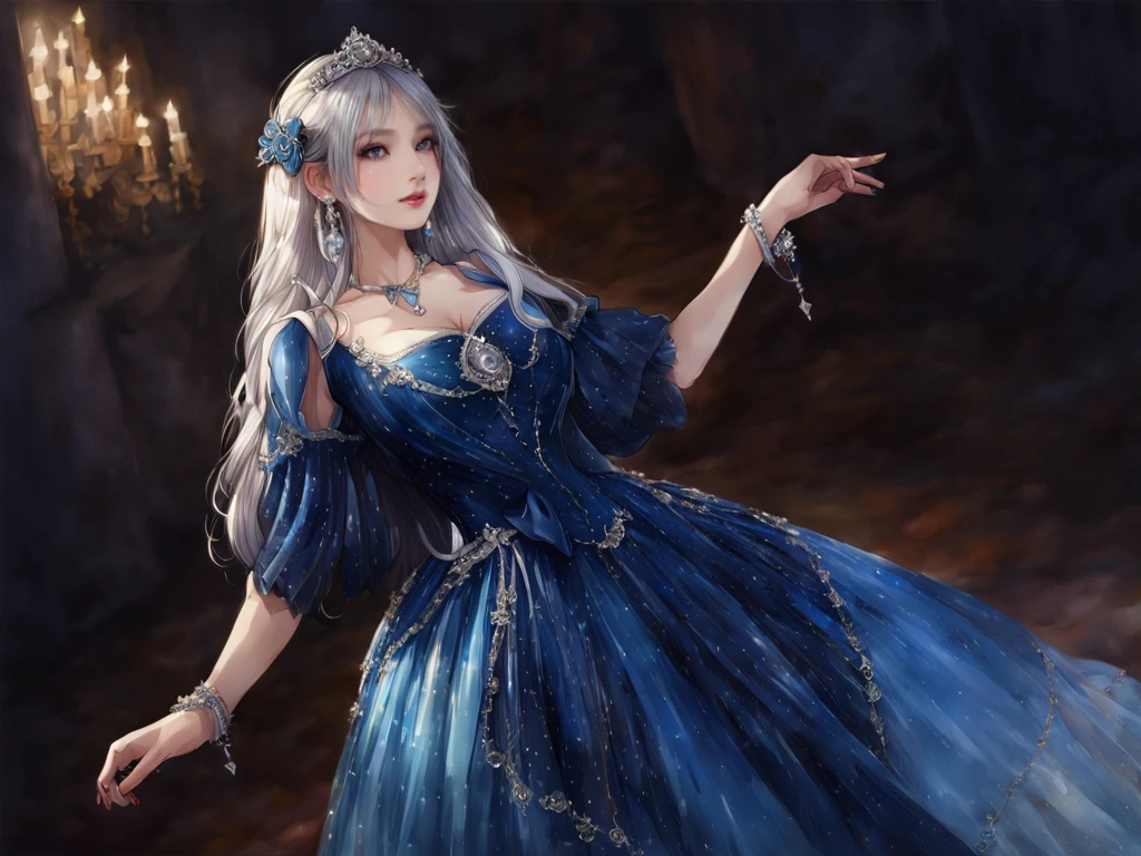 (masterpiece, best quality:1.2),illustration,8k,hd,(from_above:1.4),1 girl,very long hair,silver hair,solo,cldqz,dress,blue dress,hair ornament,(extremely detailed dress:1.2),bracelet,jewelry,choker,bracelet,bow,necklace,(cleavage:1.3),(huge breasts:1.3),<lora:ç¿ççé¦èµ :0.65>,