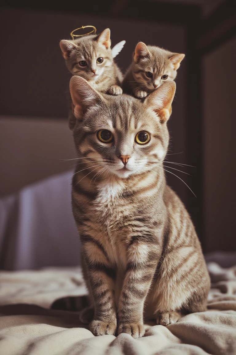 In a hyper-realistic image, an adorable cat is depicted with two tiny, mischievous kittens perched on its shoulders, each representing the classic devil and angel. The angel kitten, with a halo and wings, stands on the left shoulder, gazing up at the cat with big, round eyes and a sweet expression. The devil kitten, with a tiny pitchfork and a wicked grin, stands on the right shoulder, trying to persuade the cat to indulge in naughty behavior. Both kittens are rendered in exquisite detail, with soft, fluffy fur and delicate features that seem to come alive. The larger cat is equally well-rendered, with a curious expression and a soft, scaly texture that invites the viewer to touch. The surrounding environment is a warm and cozy setting, with soft, muted colors and a sense of playful whimsy. The overall effect is one of charming, humorous storytelling, as if the cat is being tempted by the opposing forces of good and evil, with the outcome hanging precariously in the balance. Highest-Quality, 4k, intricate details, visually stunning, Masterpiece  <lora:VenusCat:1>