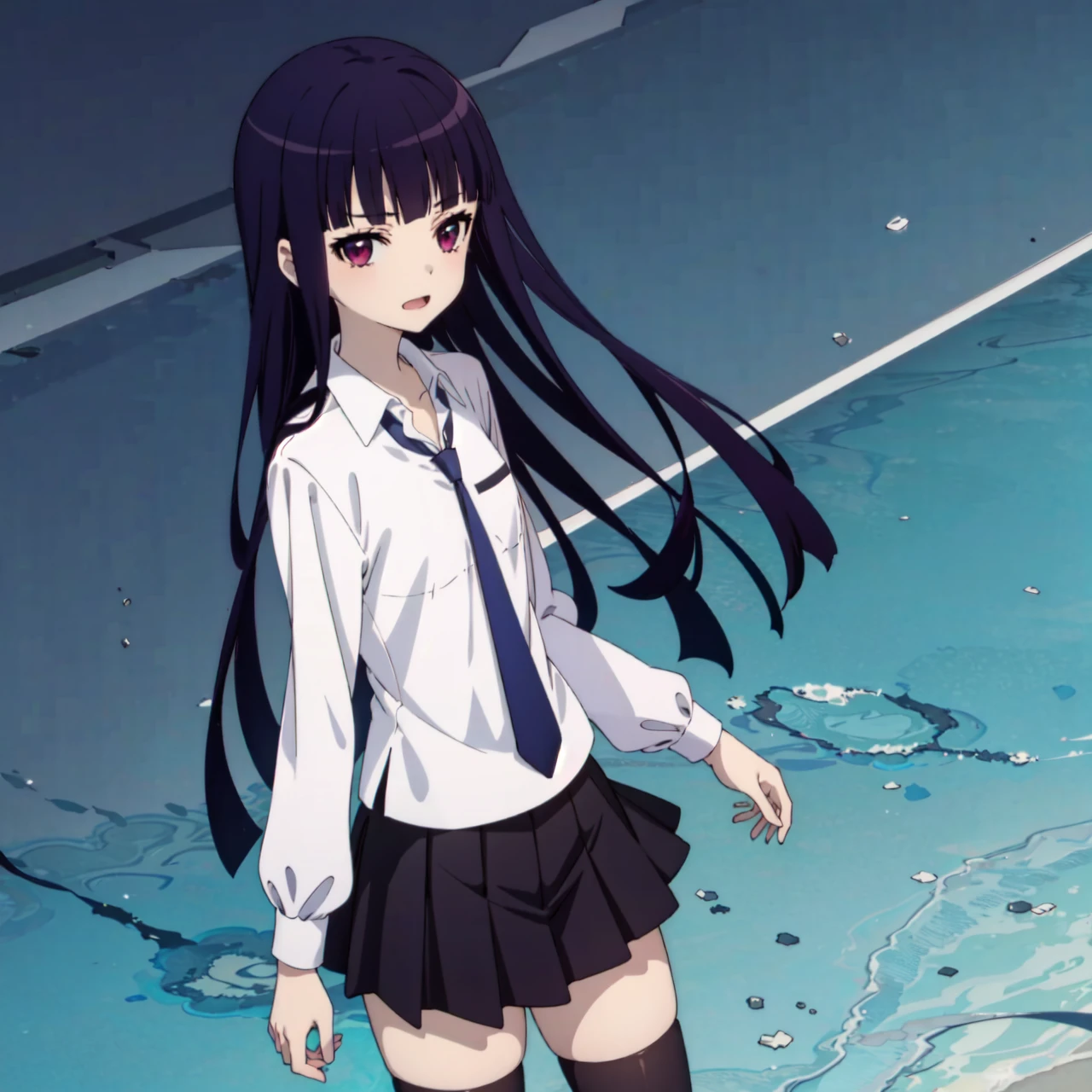 long purple hair,1girl,solo,thighhighs,long hair,school uniform,skirt,black thighhighs,blunt bangs,zettai ryouiki,<lora:Riricho-v1:1>,best quality,4k,2k,wallpaper,highres,absurdres,looking_at_viewer,no pants,open mouth,upper body,looking at viewer,pink shirt,very long hair,shirt,aqua background,collarbone,:3,solo,shirt tug,masterpiece,newest,absurdres,safe,necktie,school uniform,suit jacket,