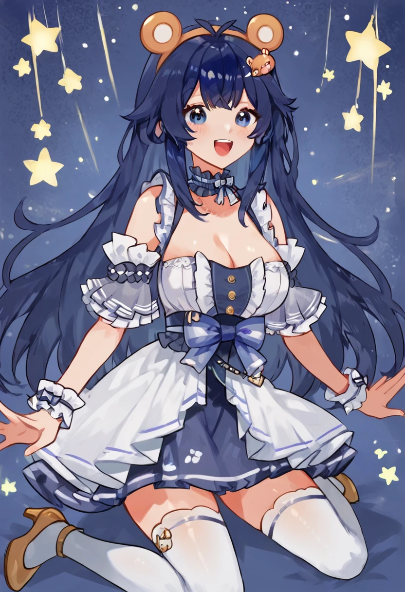 score_7, larry bear, looking at the viewer, blue eyes, blue hair, long hair, cowboy shot, frills, frilled dress, detached sleeves, frilled choker, wrist cuffs, thighhighs, Sitting on heels, dynamic posing, Happy expression, hairband, bear ear headphones, hair ornament, bear hair ornament, Starry night background, <lora:Character_Larry Bear:0.8> <lora:Style_Smooth Anime Style LoRA XL:0.7> <lora:Expressive_H:0.666>