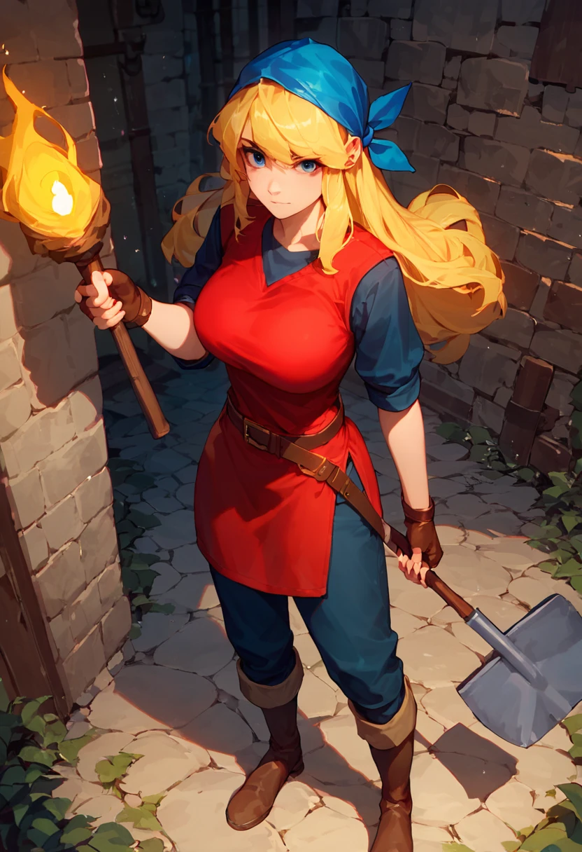 score_9, score_8_up, score_7_up, score_6_up, source anime,nsfw, expressive, solo, 1girl, Cadence, Blue Bandana, Blue eyes, Blonde Hair, Long Hair, Red Tunic, Fingerless Gloves, Brown Boots, Belt, large breasts, standing, holding torch, dungeon background, holding shovel, <lora:Expressive_H:1> <lora:Cadence_V2_XL:0.7>