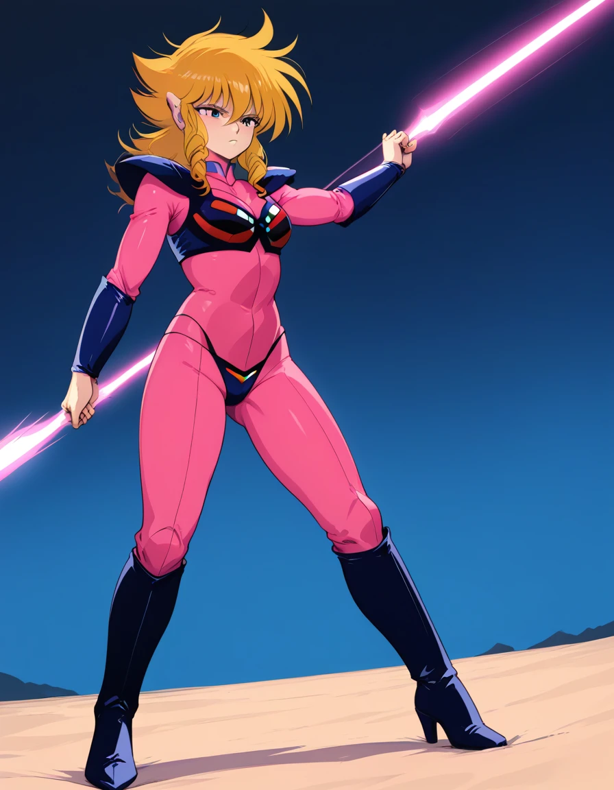 <lora:iczer1_Pony_XL_V1:1>iczer1, beam from hand, pink body suit, arm guards,  bikini armor, armor light indicator, kneehigh boots, out of earth,