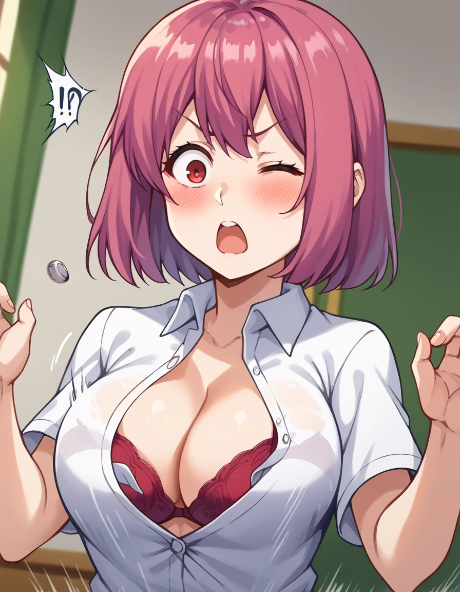 score_9, score_8_up, score_7_up, source_anime, <lora:hisako-arato-s1-ponyxl-lora-nochekaiser:1>, hisako arato, short hair, red eyes, pink hair, large breasts,, <lora:flying-button-ponyxl-lora-nochekaiser:1>, flying button, popped button, bursting breasts, wardrobe malfunction, button gap, bra peek, surprised, motion blur, shirt, cleavage, motion lines, ?!, indoors, blush, open mouth, one eye closed,, , cowboy shot, dutch angle