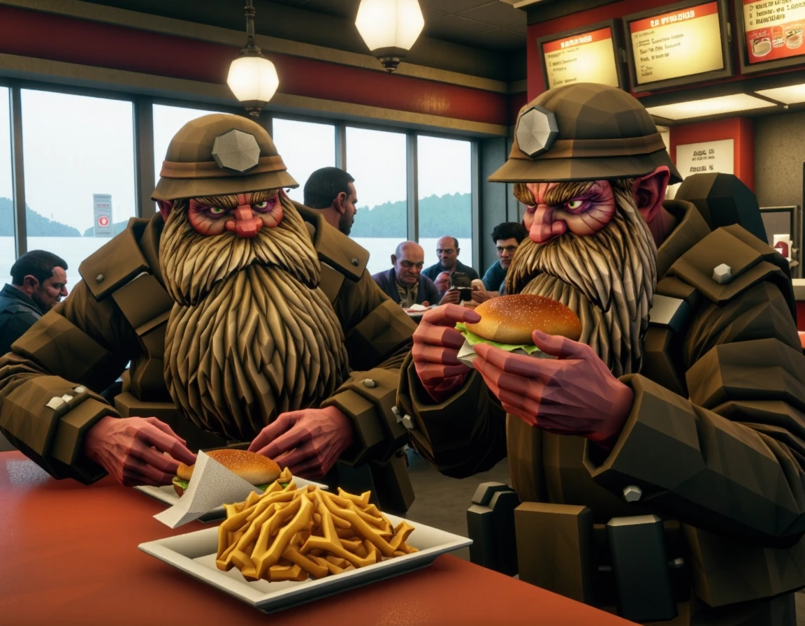 candid photo of 2guys, gunner and scout, in a fast food place eating hamburger
 <lora:DeepRock-v3:1.2> deeprock