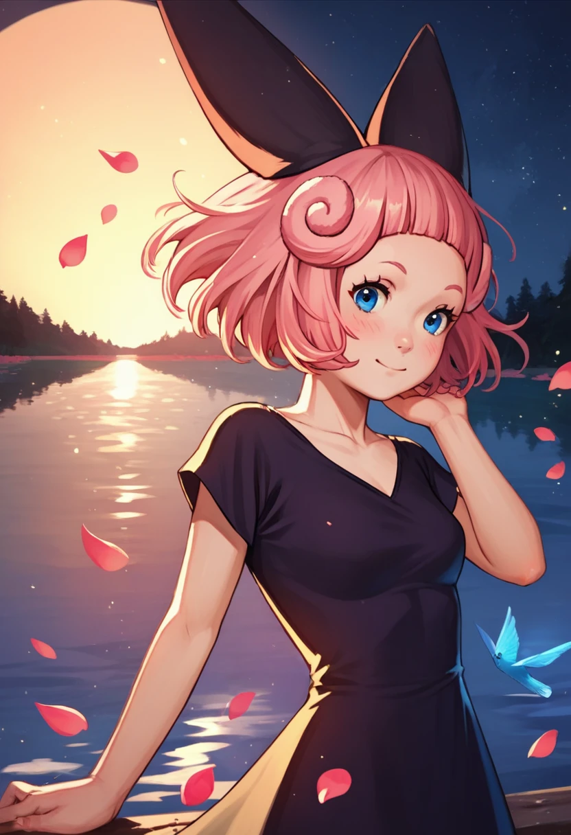 score_9, score_8_up, score_7_up, score_6_up, score_5_up, score_4_up, falling petals, night, moonlight, lake, <lora:alice-v1-13:1> biblioalice, 1girl, red hair bow, dress, light pink hair, barefoot, young, blue eyes, looking at viewer, upper body