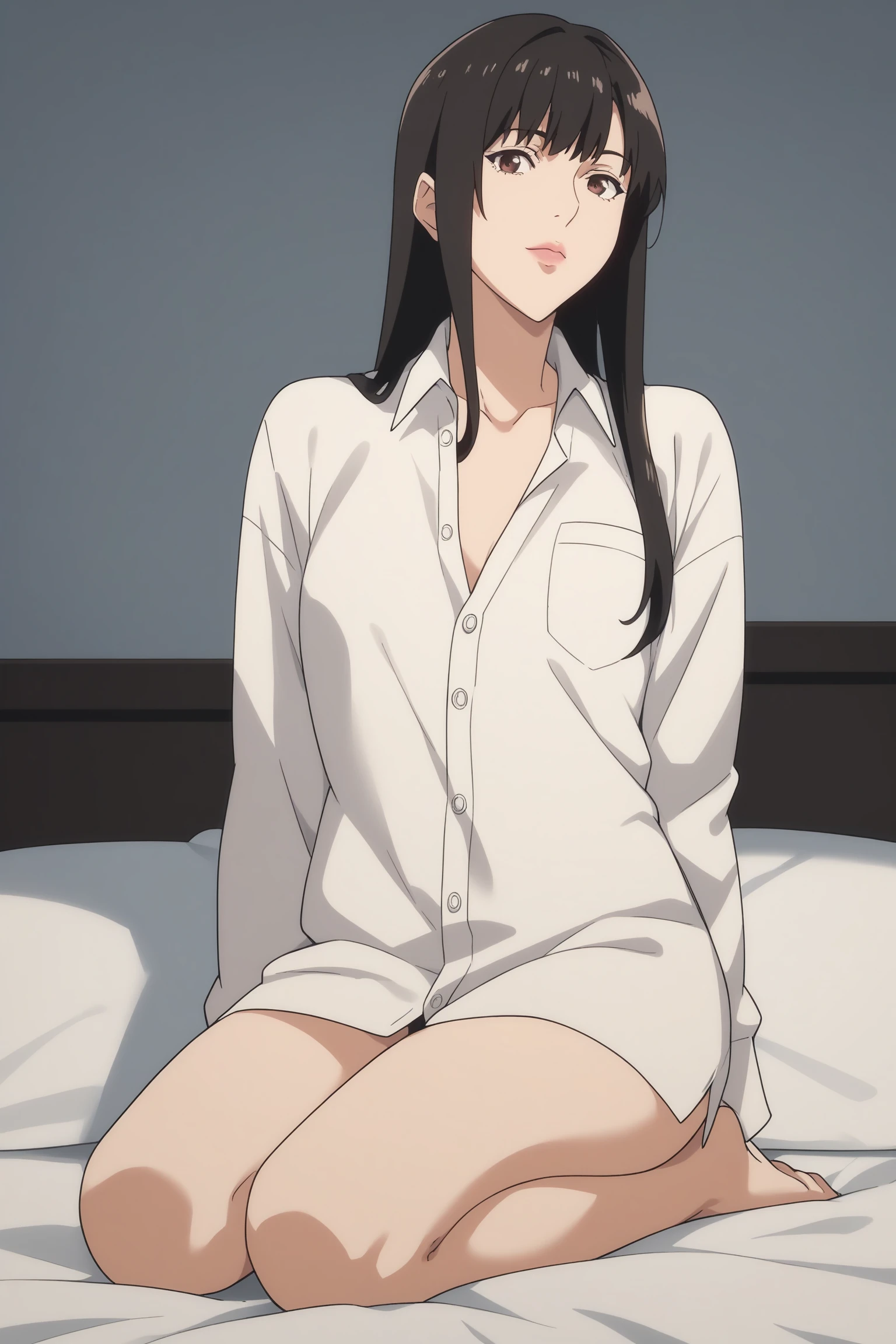 score_9, score_8_up, score_7_up, score_6_up, score_5_up, source_anime, rating_safe, small breasts, indoors, 1girl, solo, looking at viewer, <lora:age_slider_v4:3>, inuyashiki mari, long hair, black hair, bangs, brown eyes, white shirt, collared shirt, long shirt, <lora:Mari_Inuyashiki:0.8>, (on bed:1.4), (full body:1.1), (kneeling:1.2)