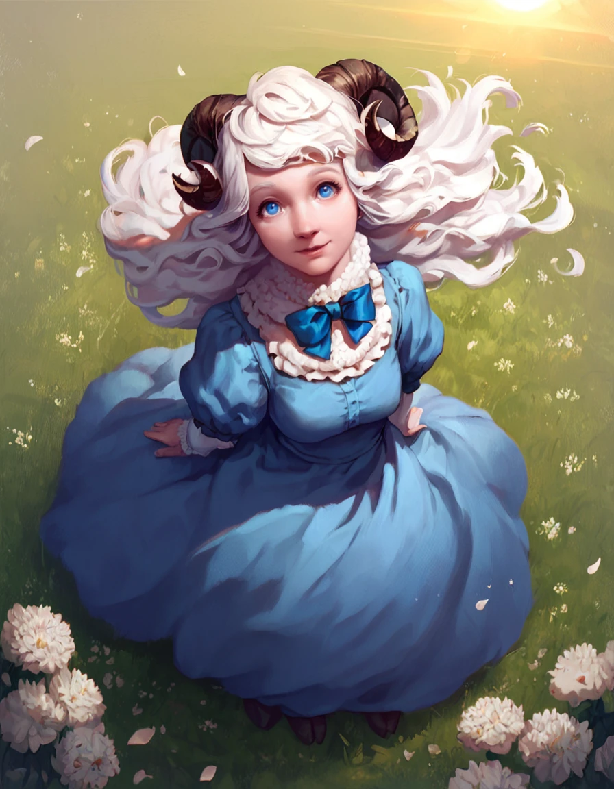 score_9, score_8_up, score_7_up, score_6_up, solo, outdoors, field, flowers, sunbeam, sheep girl, neck tuft, white hair, sheep horns, blue eyes, blue dress, frills, puffy sleeves, ribbons, bowtie, long hair, lens flare, from above, happy, wind, petals, mature female, milf, score_9, <lora:amywilkinsart:1>