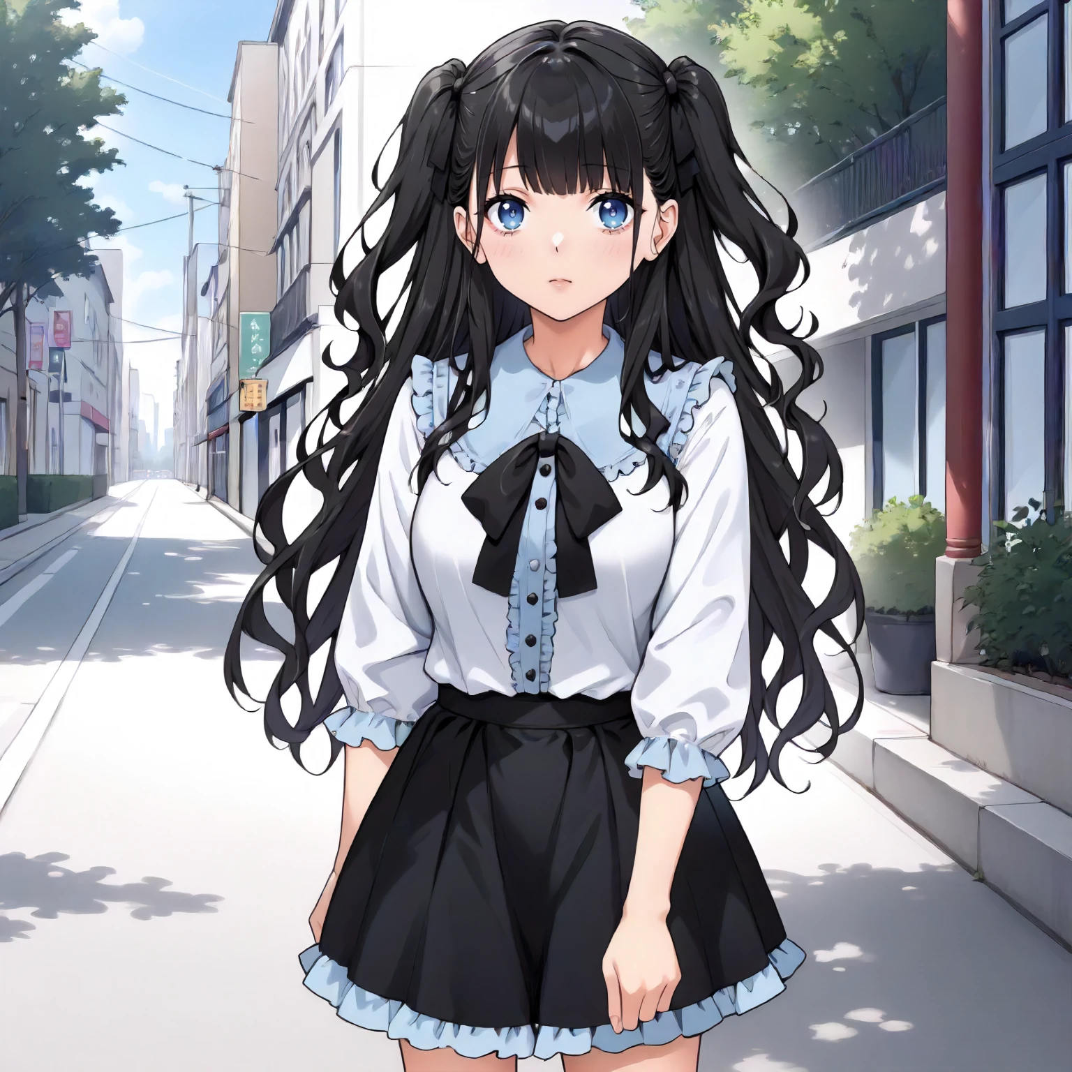 <lora:JJtYM_YusaXLpony002>,
outdoors,
solo,
Yusa,1girl,black hair,long hair,two -side up,blue eyes,
white shirt,frilled_shirt,
high west skirt,black skirt,
standing,