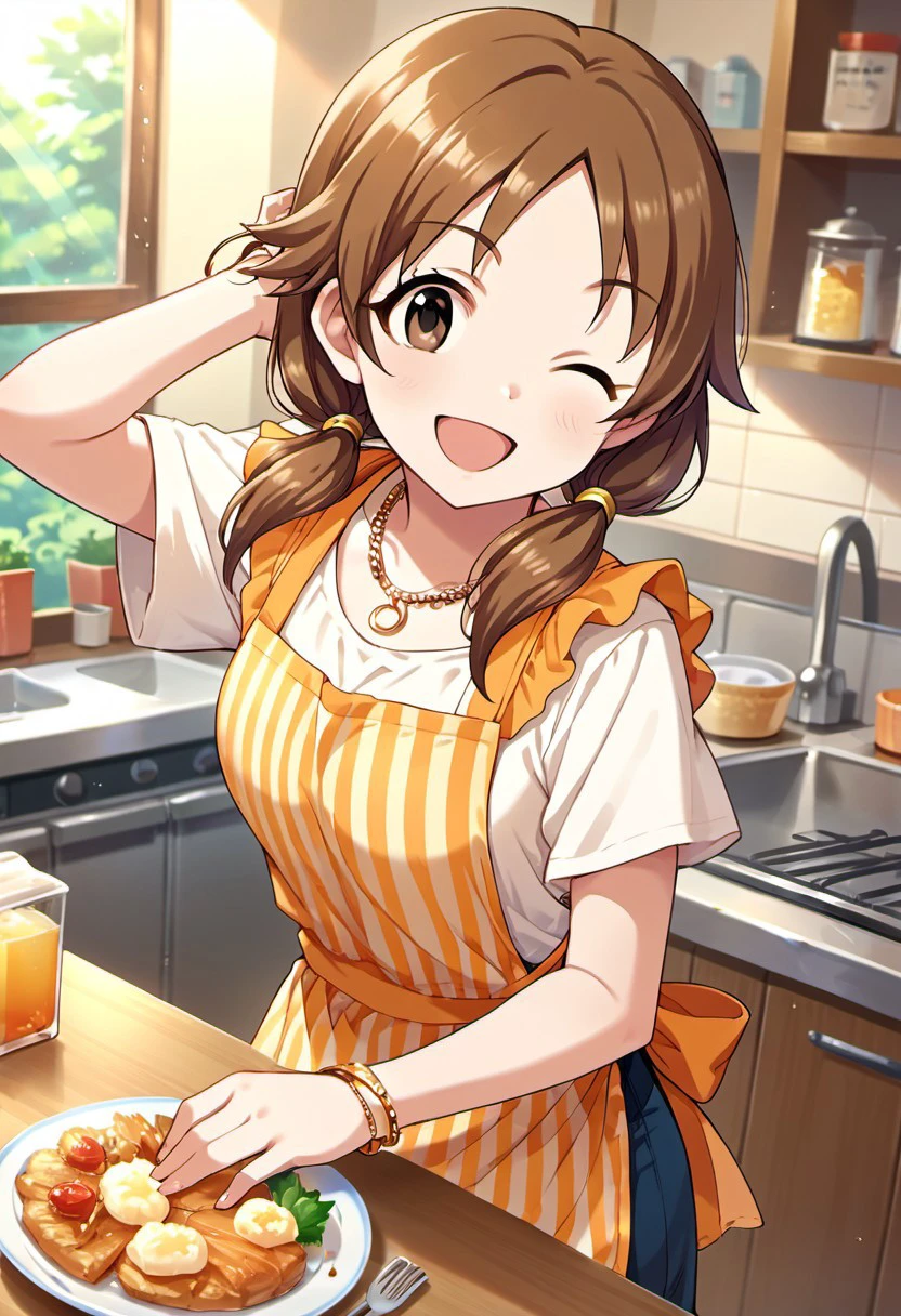 score_9, score_8_up, score_7_up, source_anime,katagiri sanae, brown hair, brown eyes, low twintails, 1girl, one eye closed, twintails, solo, jewelry, smile, open mouth, bracelet, necklace, short twintails, apron, looking at viewer