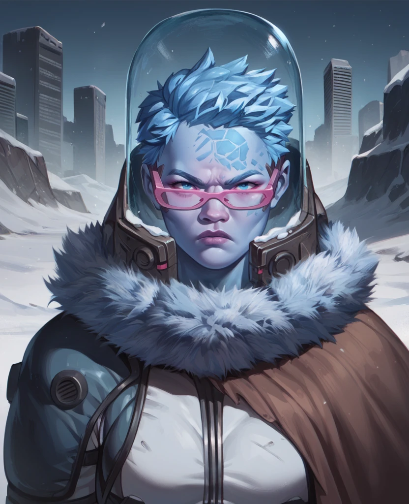 score_9,score_8_up,score_7_up,score_6_up,mrsfrzessq,blue eyes,blue ice hair,short hair,facial mark,pink glasses,
helmet,bodysuit,fur trim,
 serious,    
snow,city,night, science fiction, 
<lora:msfreezeSSQXK-12:0.8>,