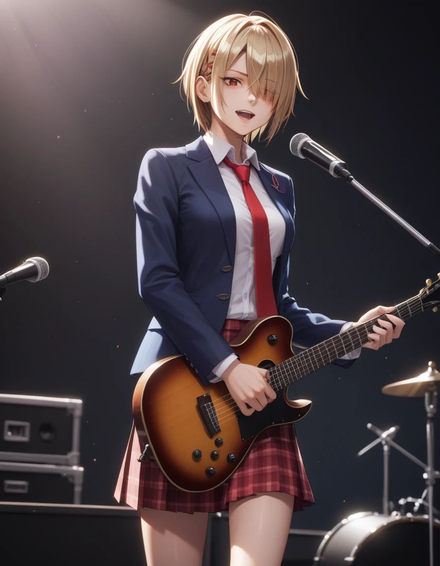 score_9, score_8_up, score_7_up, source_anime, <lora:ruka_PonyXL_V1:.8>ruka, school uniform, blazer, blue jacket,  white shirt, necktie, brown miniskirt, pleated skirt, plaid skirt, black socks, blonde hair,  short hair, red eye, hair coverd one eye, medium breasts, on stage, playing guitar, singing