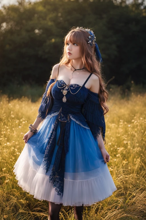 (masterpiece, best quality:1.2),illustration,8k,hd,1 girl,very long hair,standing,solo,cldqz,dress,blue dress,hair ornament,bracelet,jewelry,choker,bracelet,bow,necklace,(black pantyhose:1.2),(cleavage:1.5),(bouncing breasts:1.5),(NSFW:1.2),(outdoors:1.4),(European princess:1.3),off shoulder,<lora:ç¿ççé¦èµ :0.8>,huge breasts,