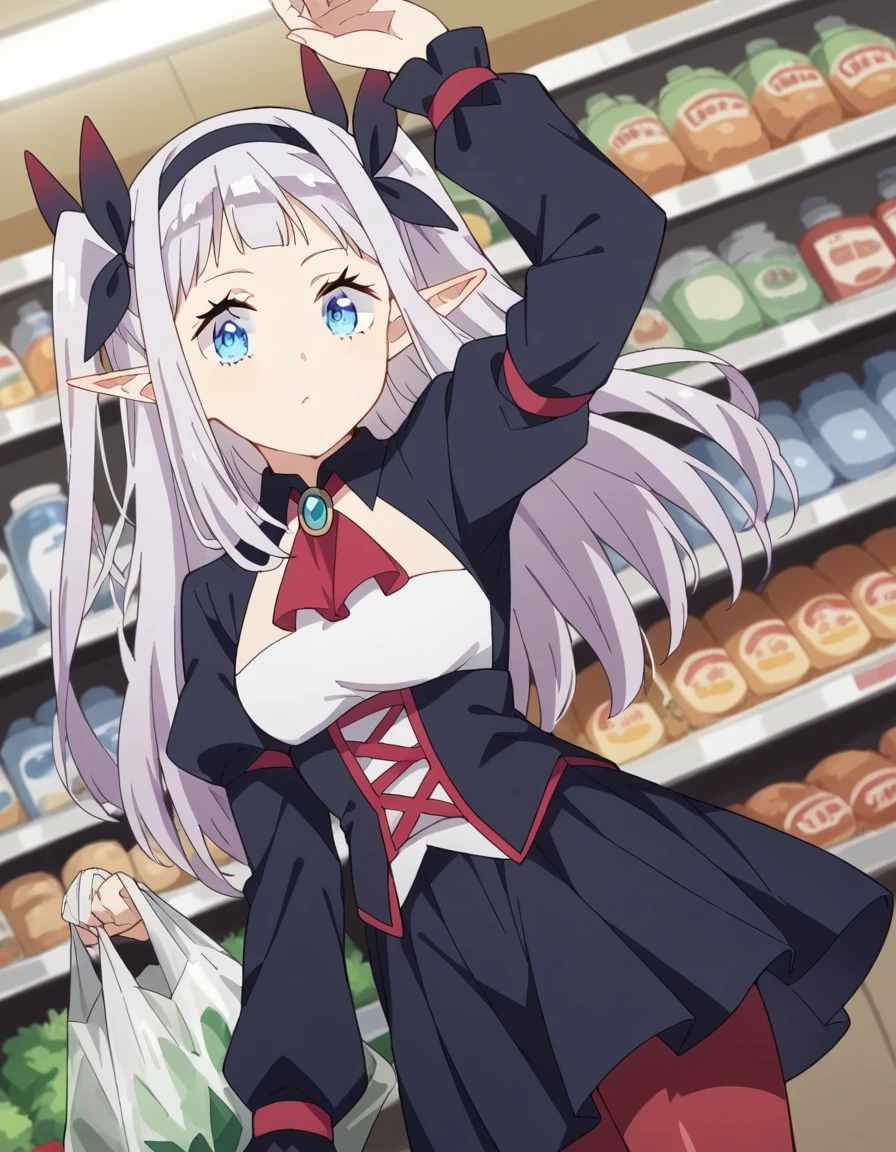score_9, score_8_up, score_7_up, source_anime, <lora:rurushi-ru-s1-ponyxl-lora-nochekaiser:1>, rurushi ru, long hair, blue eyes, hairband, pointy ears, two side up, white hair,, dress, puffy sleeves, black dress, ascot, brooch, skirt, long sleeves, pantyhose, pleated skirt, puffy sleeves, black skirt, black hairband, red pantyhose,, grocery store, cashier, shopping bag, scanning items, small talk, everyday routine, , looking at viewer, arm raised above head, solo,, cowboy shot, dutch angle