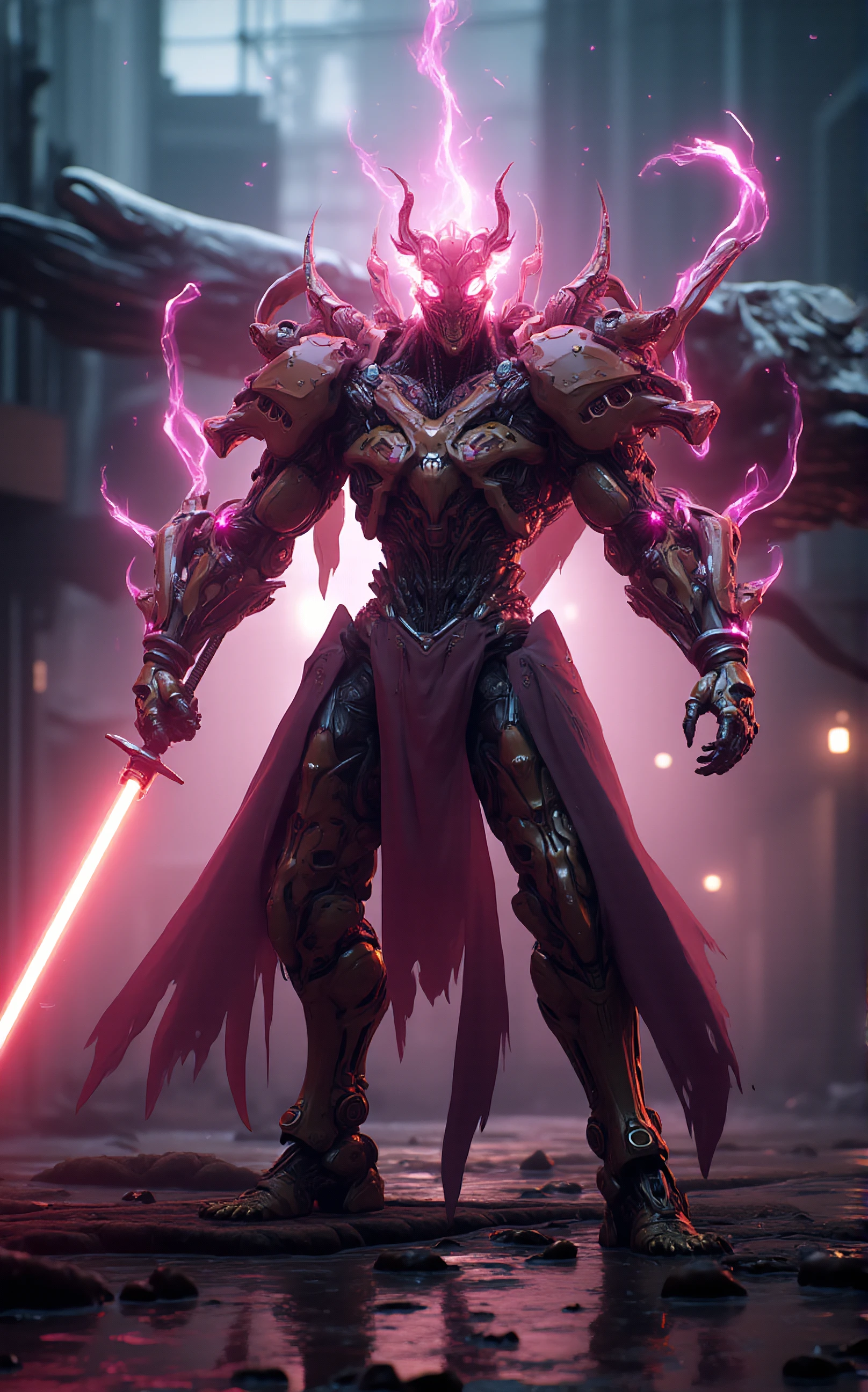 MechArmor, Robot, Power Armor, (off-center composition, dynamic left aligned composition), Demonic Overlord Fire Demon in Cyberpunk Mech Armor, Plasma-infused sword, futuristic and highly detailed, Fuchsia, Lemon Yellow, Cobalt Blue, Atop a magical floating platform, in front of a spaceship, cinematic film still breathtaking MechArmor, Robot, Power Armor . award-winning, professional, highly detailed . shallow depth of field, vignette, highly detailed, high budget, bokeh, cinemascope, moody, epic, gorgeous, film grain, grainy