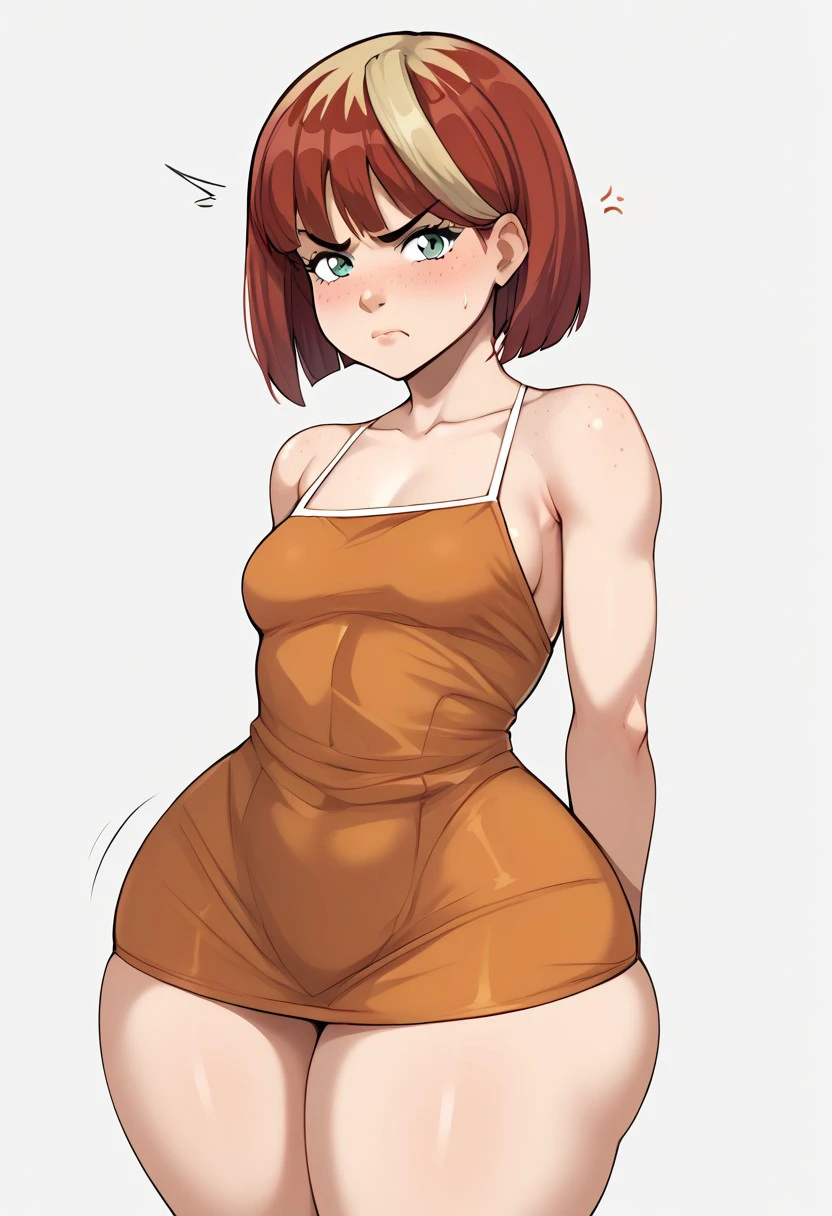 score_9, score_8_up, score_7_up, skindentation, source_anime, realistic, deep skin, high quality, highres, (athletic body), ((curvy)), (((wide hips))),, ((thick thighs)) ((cute)), , ((sexy)), small breasts, 1girl, MelaPKMN, two-toned hair, green eyes, bob cut, red hair, freckles, tsundere, solo, ((blush)), H&M_PGD3, orange dress, camisole dress, short dress, sideboob, sleeveless, embarrassed,