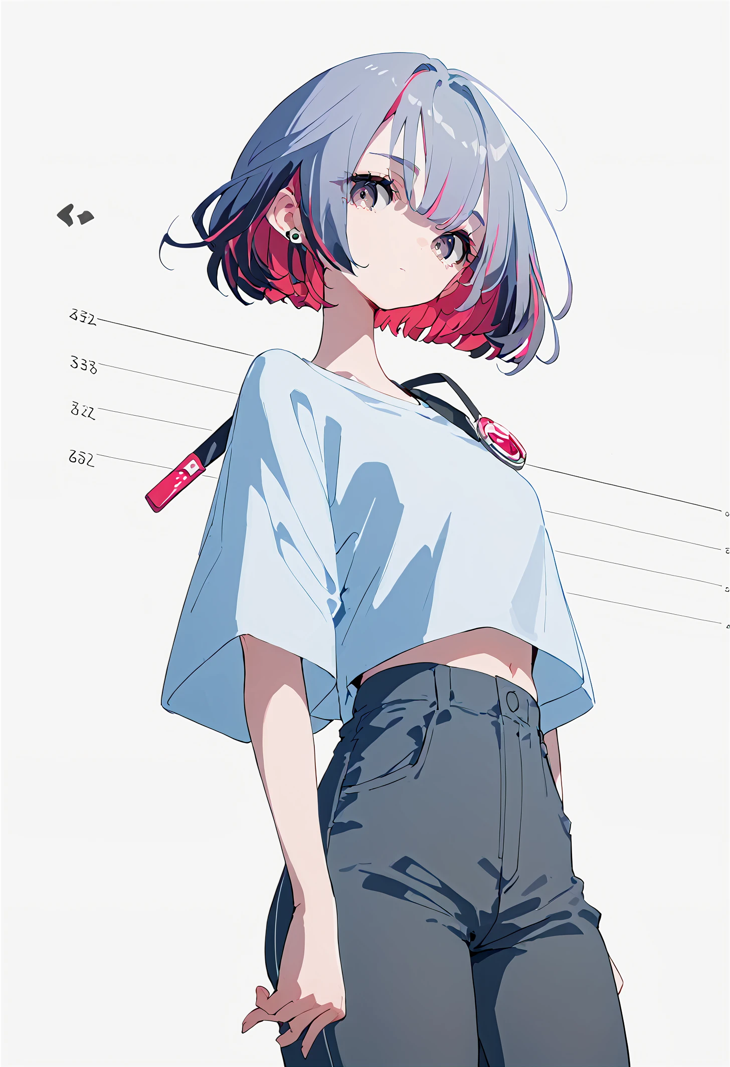 score_9,score_8_up,score_7_up,source_anime,1girl,solo,color hair extensions,Safety pin accessories,graphic tee,high-waisted pants,looking at viewer,muted color,move chart,dynamic_angle,