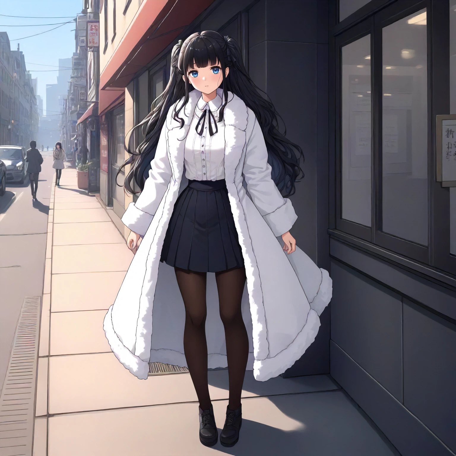 <lora:JJtYM_YusaXL001>,
outdoors,
solo,
Yusa,1girl,black hair,long hair,two -side up,blue eyes,
white coat,fur coat,white shirt,frilled_shirt,
high west skirt,black skirt,
pantyhose,
full body,standing,