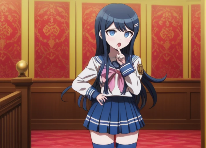 <lora:Sayaka_Maizono_SDXL:1>,  (((blue socks))), This is an anime screencap from Danganronpa 3.  (((blue socks))), Sayaka Maizono wearing her uniform from Danganronpa 1. She has her long blue hair down. She is wearing the white and blue Hope's Peak Academy uniform with a bright white top. Her sleeves reach her wrists.  She's wearing a light pink ribbon.  She has a short, pleated, blue skirt. Sayaka Maizono wears navy blue thigh-high socks. Her footwear is dark brown Mary Janes shoes. Sayaka Maizono is enacting a finger guns . Sayaka Maizono's expression is confused expression . Sayaka Maizono is interacting with this environment:  Taken from men -- this morning -- Taken from men -- this morning -- Carried by men today -- Met by the Gods with banners -- Who marshalled her away -- One little maid -- from playmates -- One little mind from school -- There must be guests in Eden -- All the rooms are full -- Far -- as the East from Even -- Dim -- as the border star -- Courtiers quaint, in Kingdoms Our departed are.