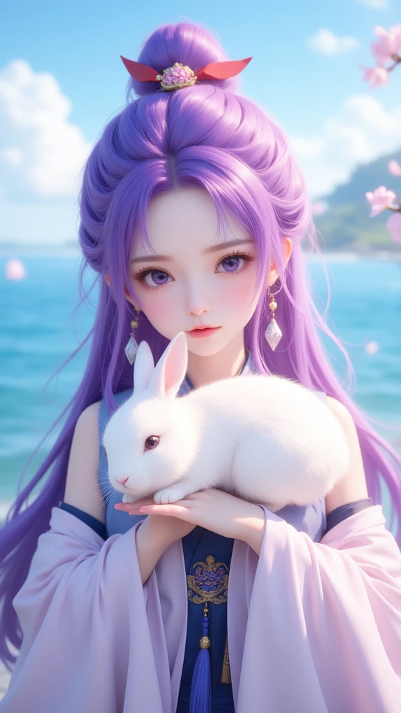 gufeng,1girl,long hair,stand,cute rabbit, full body,solo,jewelry,earrings,blurry background,upper body,purple hair,blurry,sea,blue sky,closed mouth,lips,facing viewer,ribbon,hanfu,flower,