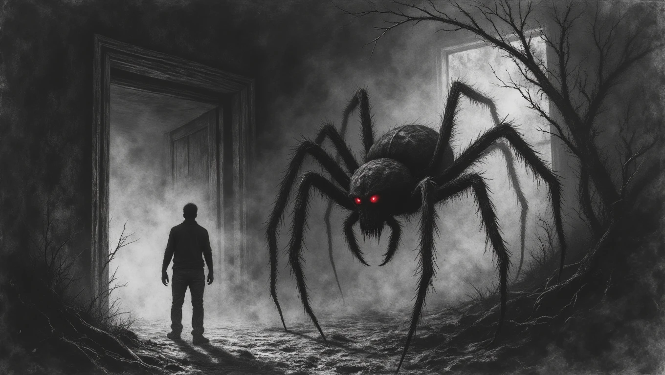A massive, grotesque spider with hairy legs and multiple red eyes lurks in the shadows of an abandoned mansion. Its web, thick and sticky, fills the corners of the room, trapping the bones of its previous victims. The spiderâs fangs drip with venom as it watches a new intruder with predatory intent.
<lora:The_Desolation_Flux:0.7>