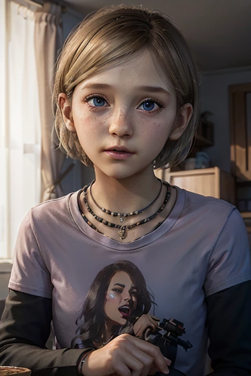 A stunning and intricate full color Ultra-HD portrait, 12 year old girl, short blonde hair, blue eyes, perfectly detailed face, wearing pink long sleeve t-shirt, necklace (black logo), bracelet, in a house, epic character composition, sharp focus, natural lighting, subsurface scattering, f2, 35mm,