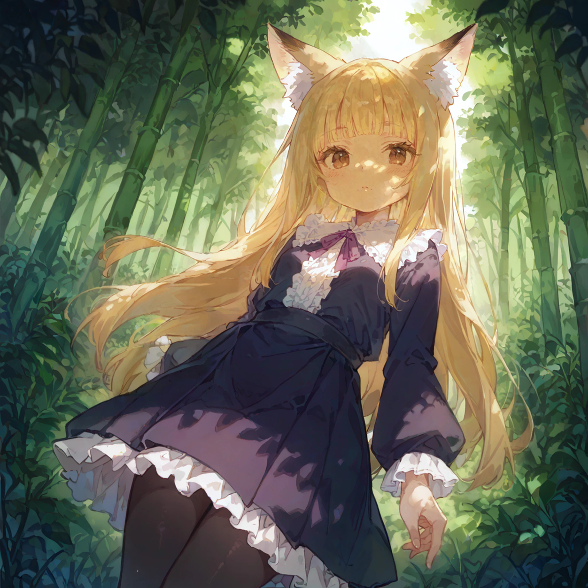 score_9, score_8_up, score_7_up,score_6_up,source_anime, film grain, best quality, hires, perspective, 
1girl, [blonde:gingrer:0.1] hair, fox ears, brown eyes, long hair, straight hair, hime cut, (sidelocks:1.1), (white frilled blouse:1.1), long sleeves, (violet skirt:1.1), black pantyhose, skinny, small breasts, blunt bangs
bamboo forest, (sunbeam, dappled sunlight:1.2), green background, sunlight in the forest,
<lora:Sunlight_in_the_forest:1>,<lora:anti_human_ears:1>,<lora:Hime_Cut:0.7>