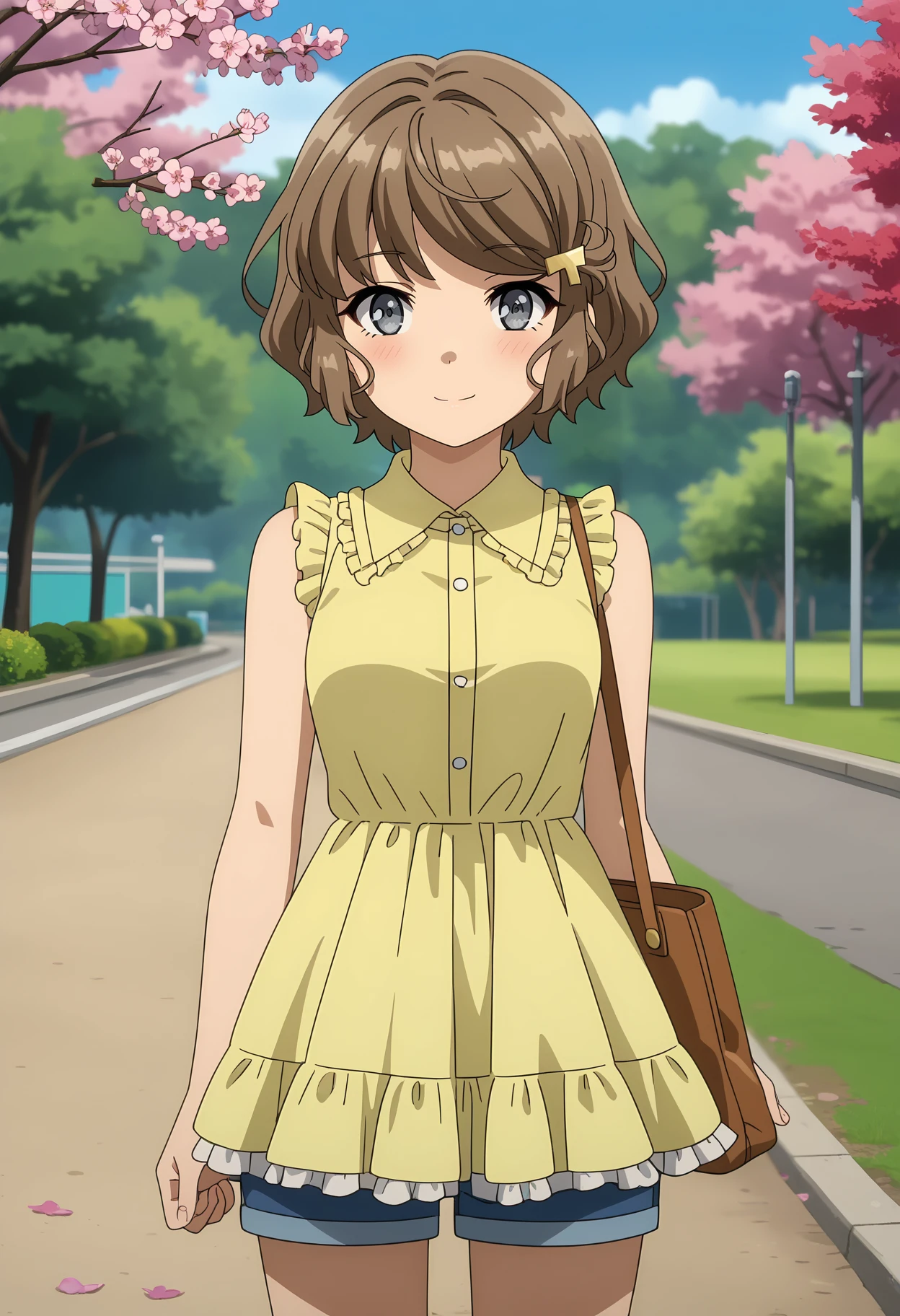 score_7_up, anime screencap, anime coloring,
<lora:SeishunButaYarou_KogaTomoeXL:0.8>,
1girl, solo, closed mouth, light smile, light blush,
wavy hair, short hair, brown hair, grey eyes, hairclip,
sleeveless dress, frilled dress, yellow dress, short shorts, blue shorts, denim, handbag,
standing, looking at viewer, cowboy shot,
blurry background, outdoors, park, blue sky, cherry blossoms