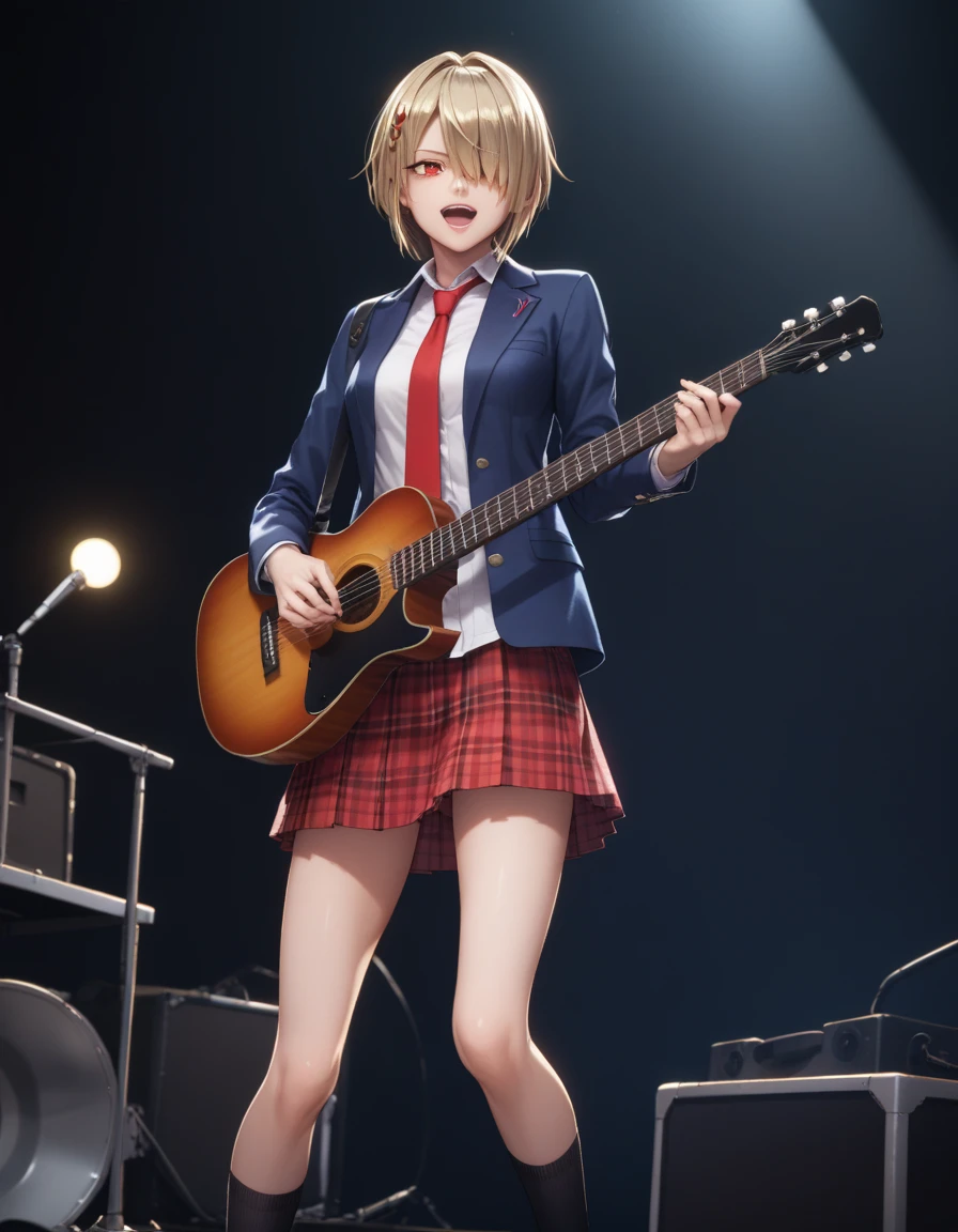 score_9, score_8_up, score_7_up, source_anime, <lora:ruka_PonyXL_V1:.8>ruka, school uniform, blazer, blue jacket,  white shirt, necktie, brown miniskirt, pleated skirt, plaid skirt, black socks, blonde hair,  short hair, red eye, hair coverd one eye, medium breasts, on stage, playing guitar, singing