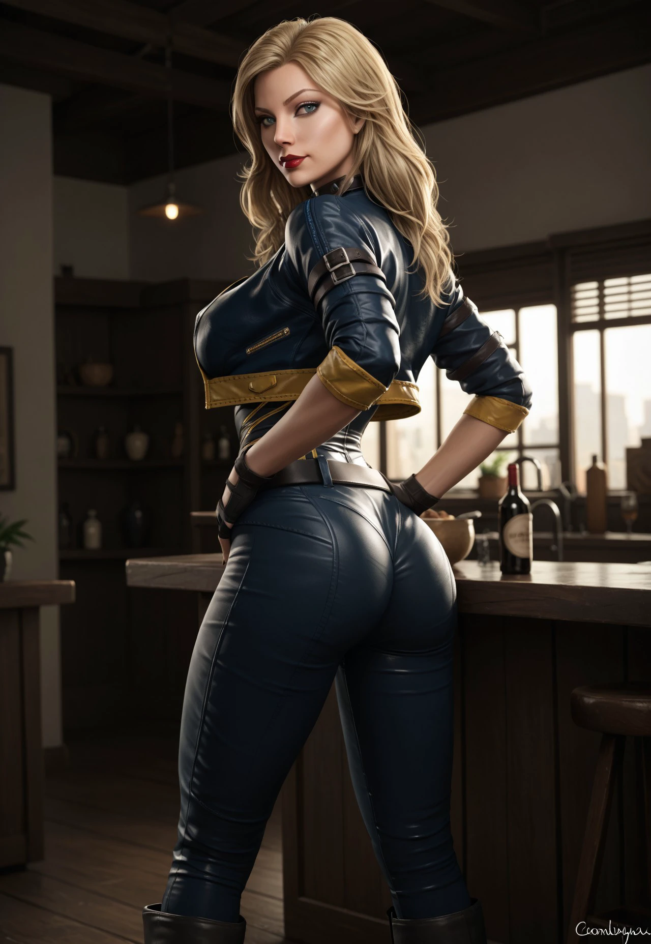 safe_pos, PonyXLV6_Scores BREAK <lora:add-detail-xl:1>, (perfect anatomy, cowboy shot) <lora:Black_Canary:0.8> dinah lance, blonde hair, long hair, blue eyes, solo, raised eyebrow, flirting, (looking back at viewer), choker, cropped jacket, cleavage, bodysuit, fingerless gloves, nail polish, pants, boots, belt, lipstick, makeup, large breasts, curvy, toned, athletic, thigh gap, standing, hand on hip, hand on own ass, sexually suggestive, indoors