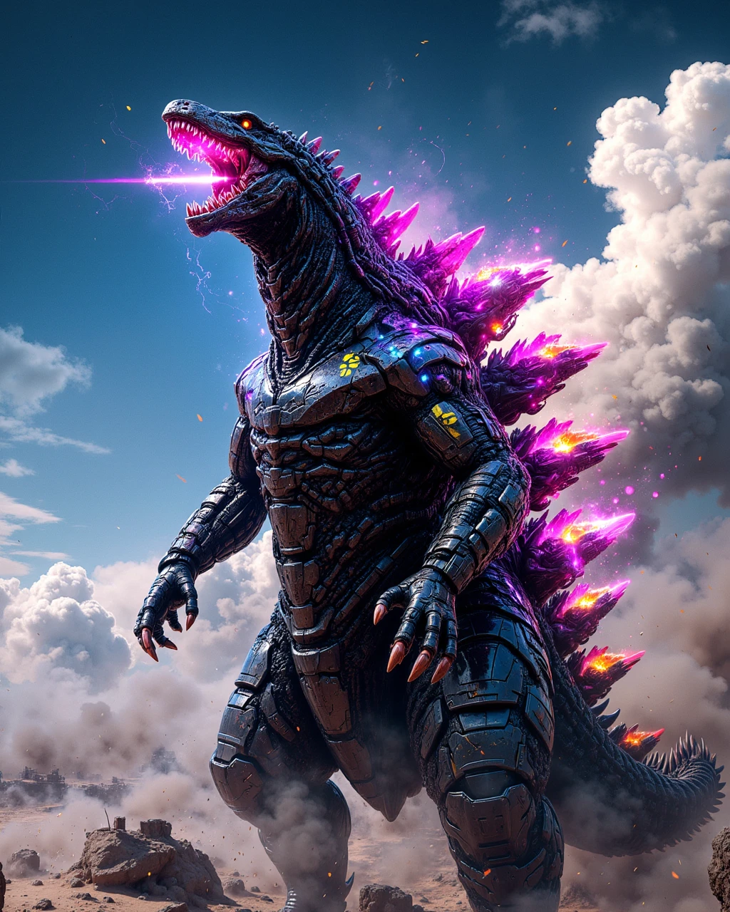 godzilla roaring in triumph, his head towards the sky, his mouth glowing with radioactive crackling energy, radioactive spines crackling with atomic energy, super charged