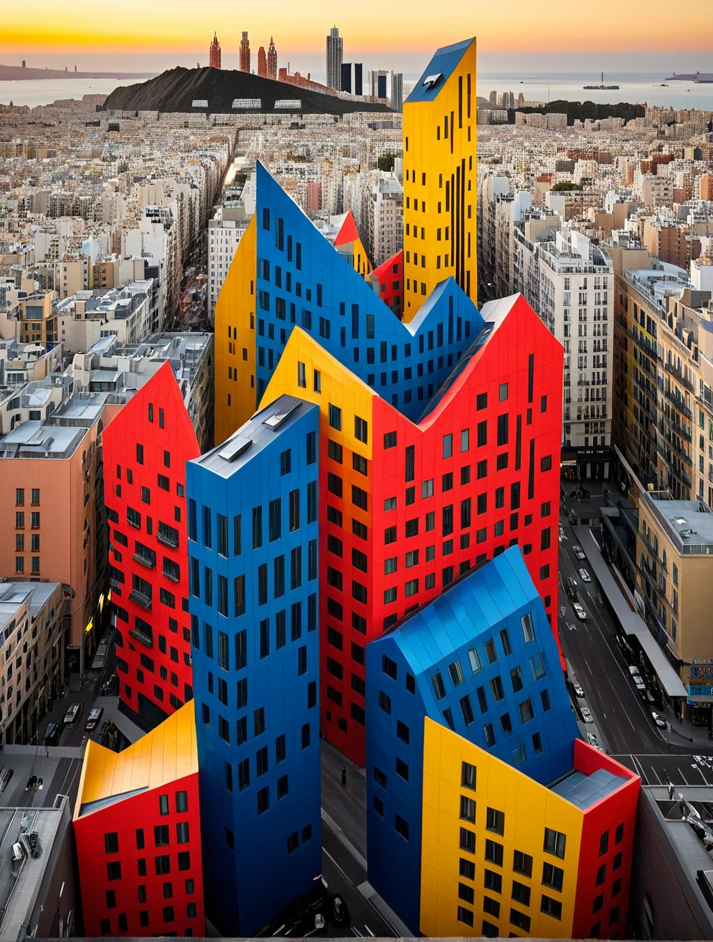 In a futuristic cityscape, towering skyscrapers are transformed into vibrant, abstract structures reminiscent of Mondrian's grid-based compositions. The buildings are adorned with bold, primary colors—red, blue, and yellow—intersected by thick black lines, creating a dynamic, blocky pattern. At the street level, the facades of these skyscrapers curve and flow with Gaudí-esque organic forms, featuring intricate, mosaic-like details in a variety of hues. The cityscape is bathed in a soft, golden glow from an ethereal sunset, which reflects off the glassy surfaces and enhances the vivid colors of the buildings. Floating above the city are whimsical, sculptural elements inspired by Gaudí’s design language, adding a sense of fantasy and fluidity to the otherwise structured environment. The result is a striking fusion of geometric abstraction and natural fluidity, offering a visually stunning and imaginative architectural experience.