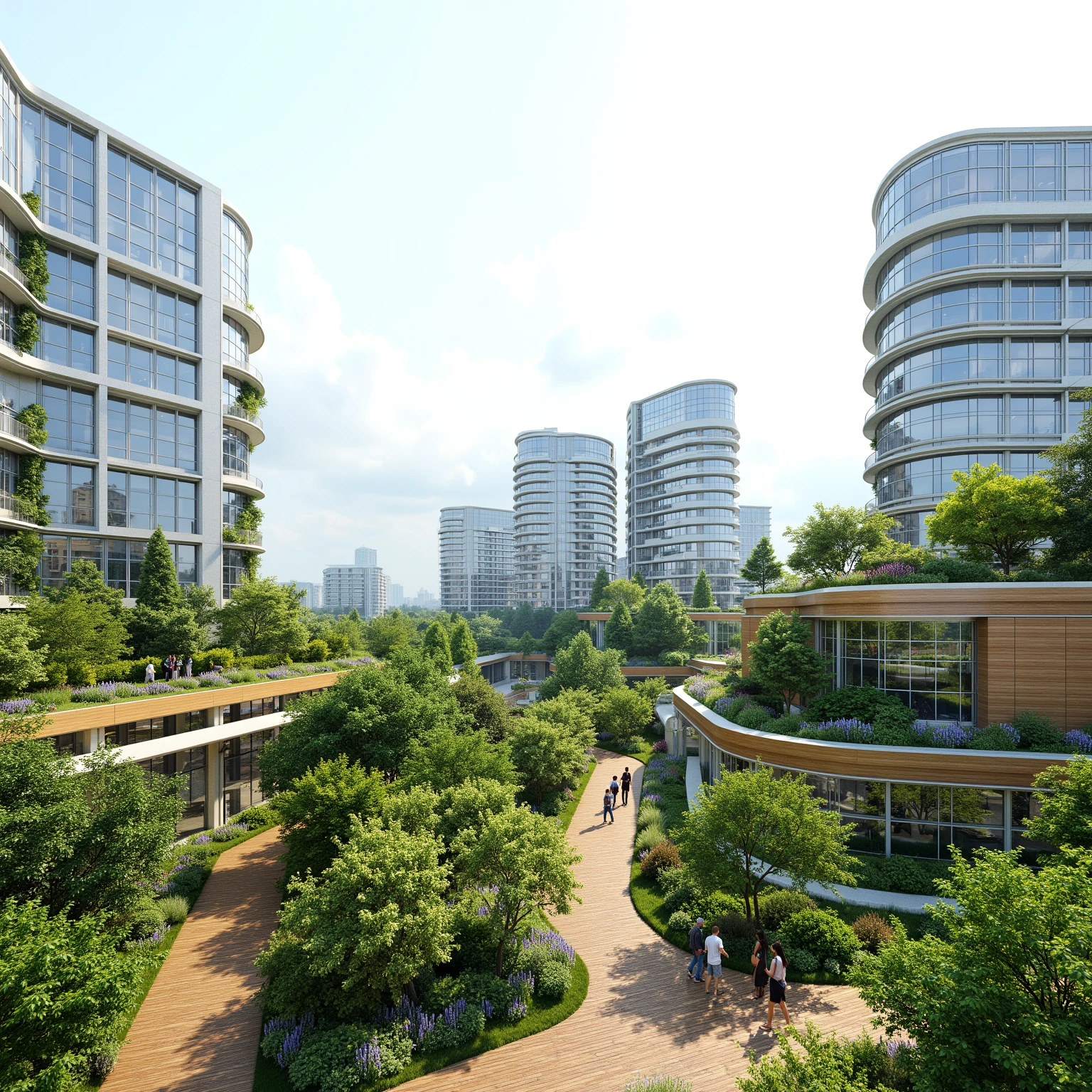 The image depicts a modern architectural complex with multiple buildings, characterized by curved glass facades and terrace gardens. The buildings are surrounded by lush greenery, including trees and shrubs. A wooden pathway winds through the garden, and there are people walking along it. The setting suggests a serene, eco-friendly environment, possibly a business park or a residential complex.