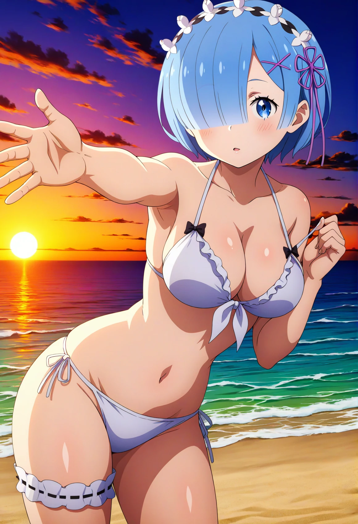 masterpiece, best quality, great quality, good quality, very aesthetic, absurdres, megami magazine, explicit, nsfw, sensitive, newest BREAK
rem \(re:zero\), 1girl, armpits, bare arms, bare shoulders, beach, bikini, blue eyes, blue hair, blue sky, blush, breasts, bridal garter, cleavage, cloud, collarbone, cowboy shot, day, flower knot, frilled bikini, frills, front-tie bikini top, front-tie top, hair ornament, hair over one eye, hair ribbon, hairband, hand up, horizon, large breasts, looking at viewer, navel, ocean, outdoors, outstretched arm, parted lips, pink ribbon, ribbon, short hair, side-tie bikini bottom, skindentation, sky, solo, stomach, strap pull, string bikini, swimsuit, thighs, water, white bikini, x hair ornament
BREAK
Rim Lighting, Subsurface Scattering, Chromatic Aberration, Bokeh, Volumetric Lighting, Bloom, Soft Bounced Lighting, Soft Natural Lighting, Hard Shadows, Soft Shadows BREAK
dewy skin, perspiration on the skin,skin texture, fine lines, pores, natural imperfections,light reflections, glossy skin, shiny skin, megami magazine BREAK