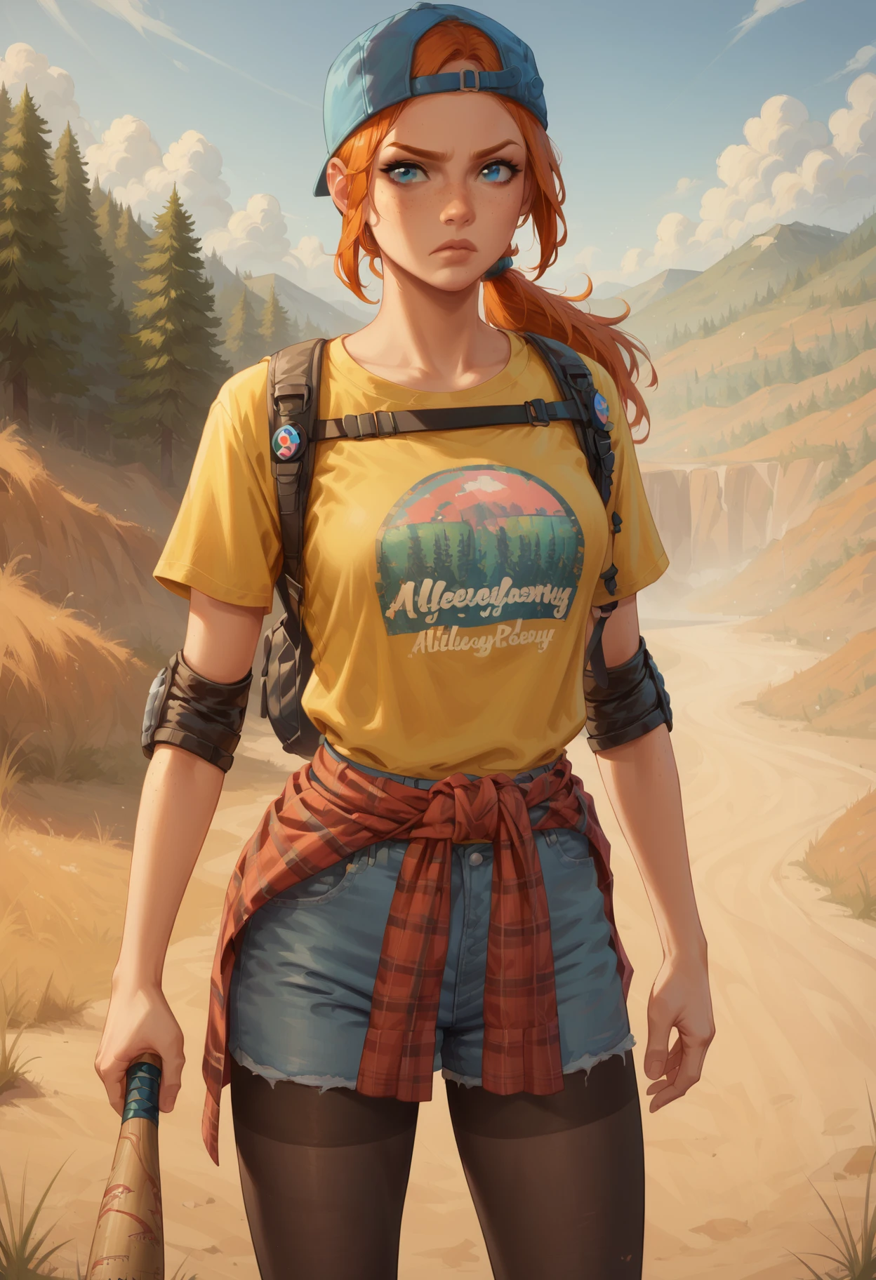 outdoors, post-apocalypse
<lora:holly-b4b:0.7> holly-b4b, orange hair, blue eyes, low ponytail, freckles
yellow shirt, short sleeves, hat, belt, pantyhose, backwards hat, elbow pads, clothes around waist, backpack
leaning back, serious, holding baseball bat, zPDXL2, score_9, score_8_up, score_7_up, score_6_up, score_5_up, anime, anime style,