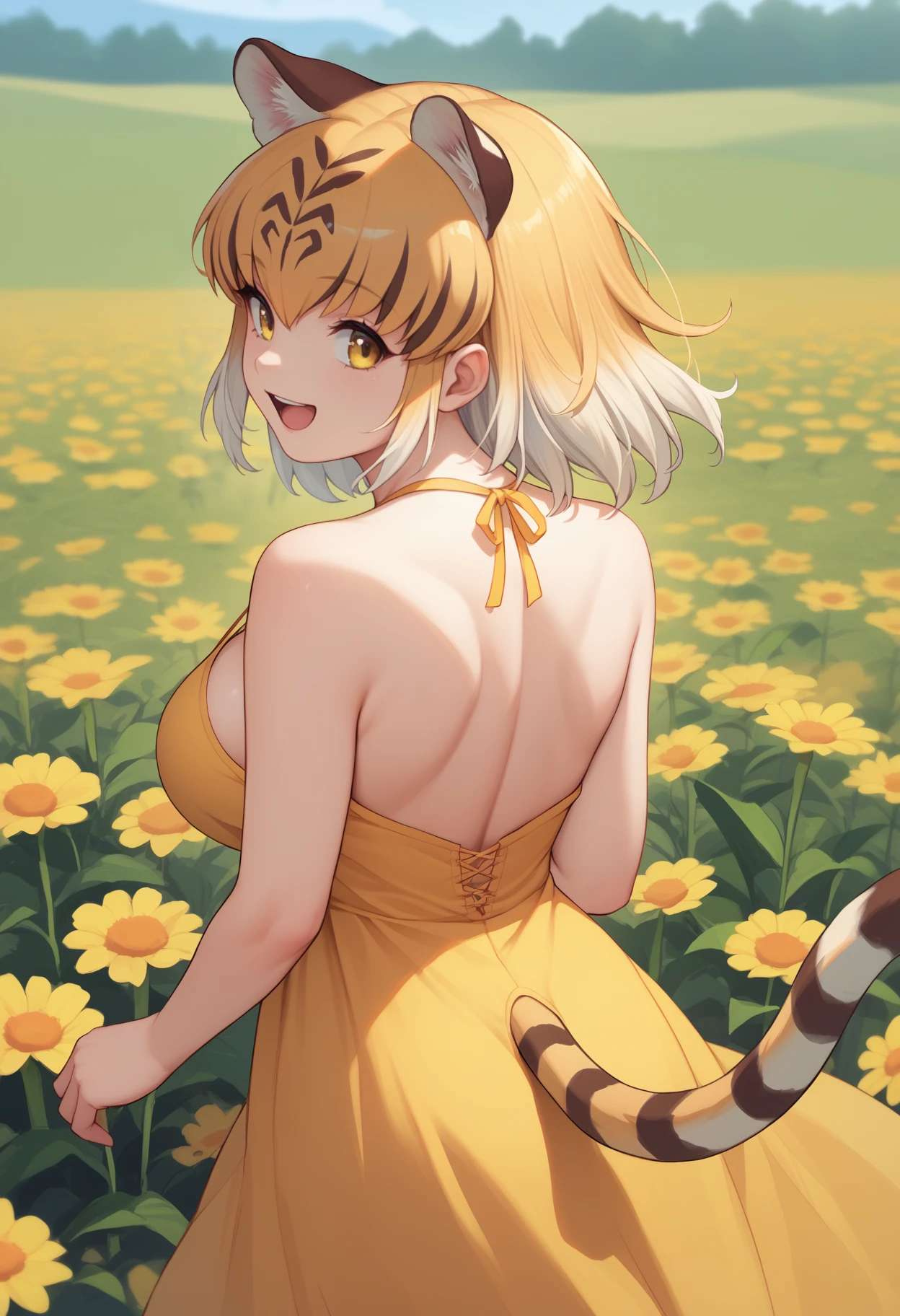 score_9, score_8_up, score_7_up, source_anime, <break> from behind, solo, 1girl, kft1ger, tiger tail, happy, open mouth, looking back, animal ears, extra ears, yellow sundress, bare shoulders, large breasts, outdoors, flower field
<segment:yolo-face_yolov8m.pt,0.4,0.5//cid=1>