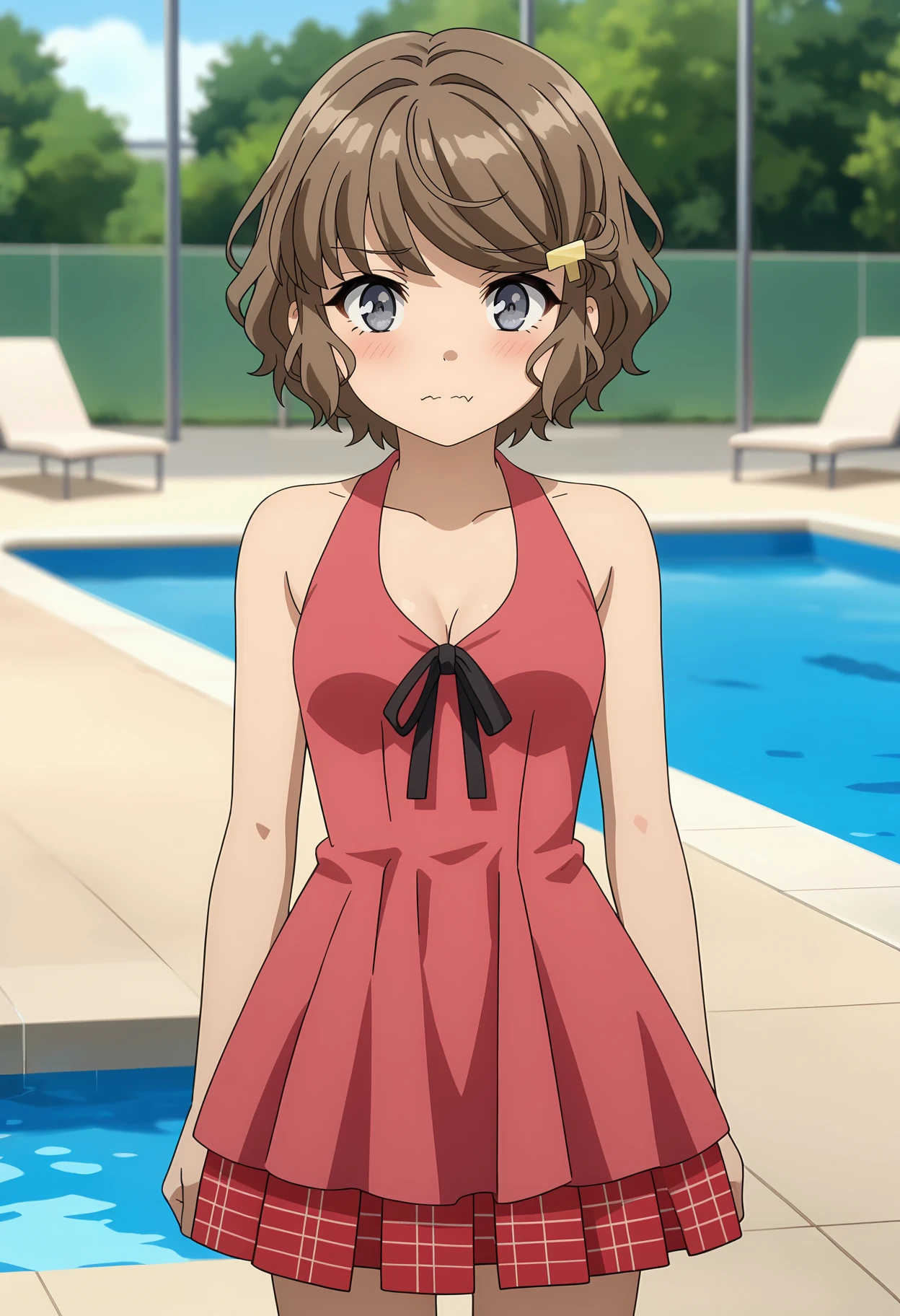 score_7_up, anime screencap, anime coloring,
<lora:SeishunButaYarou_KogaTomoeXL:0.8>,
1girl, solo, wavy mouth, closed mouth, light blush,
wavy hair, short hair, brown hair, grey eyes, hairclip,
KogaSwimsuit, sleeveless dress, cleavage, small breasts, pink dress, black ribbon, layered skirt, plaid skirt, red skirt,
standing, looking at viewer, cowboy shot,
blurry background, outdoors, pool