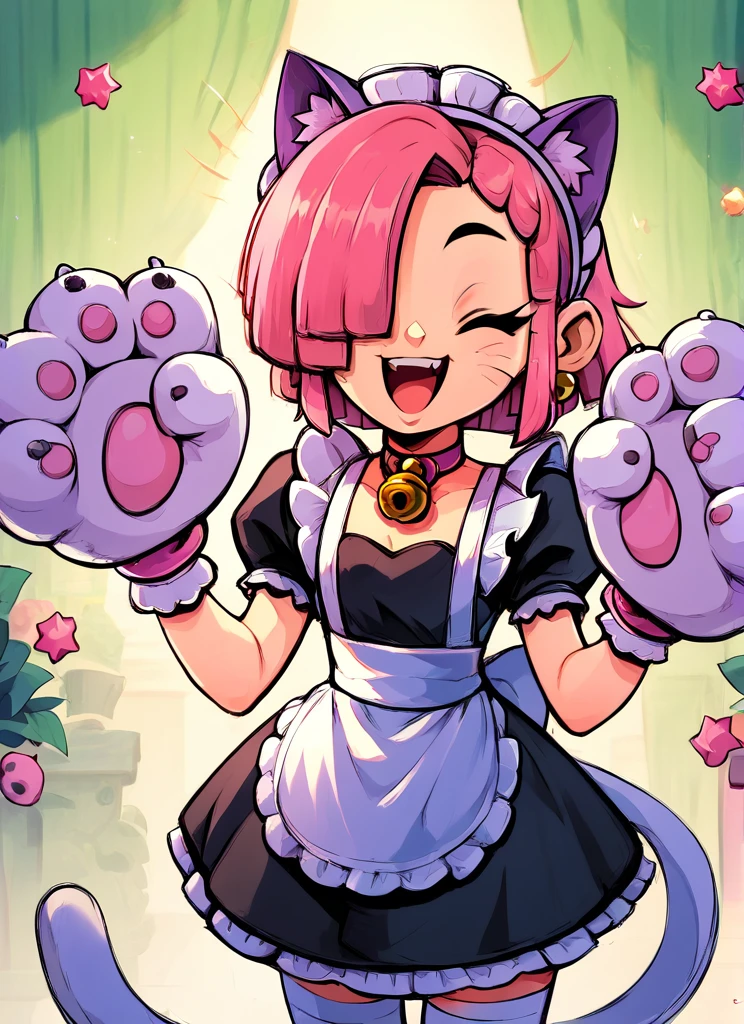 score_9, score_8_up, score_7_up  , <lora:pawlette:1> 1girl, human , pawlette ,animal ears, cat tail , pink hair,  hair over one eye, maid headdress,  bracelet  ,necklace,  neck bell,  maid,  short dress,  White Stockings , paw gloves,solo  ,   smile , open mouth,  one eye closed,  <lora:Aer0Zer0_Artist_Style:1>aerozerorisk