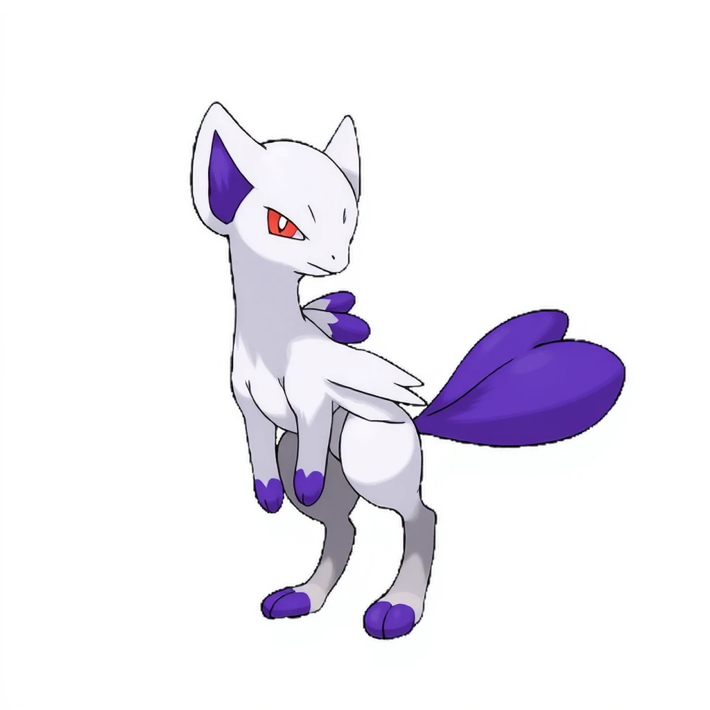 Mewtwo pokemon a digital drawing in a cartoon style, featuring a winged bird-like creature with a sleek, body, the creature has a white, smooth texture with a smooth, almost glossy finish, its head is small and pointed, with large, expressive eyes that are slightly narrowed, giving it a mischievous or embarrassed expression, its body is slender with a small, perky physique, and it has a small waist and wide hips, its tail is long and thin, with a vibrant purple hue that extends from its back to its front, the character's legs are thin and muscular, with small, rounded feet, the background is plain white, ensuring that the focus remains on the creature, the drawing is executed with smooth lines and a clean, polished finish, the overall mood of playful and whimsical, with the creature's body and the creature adding a touch of whimsy and charm