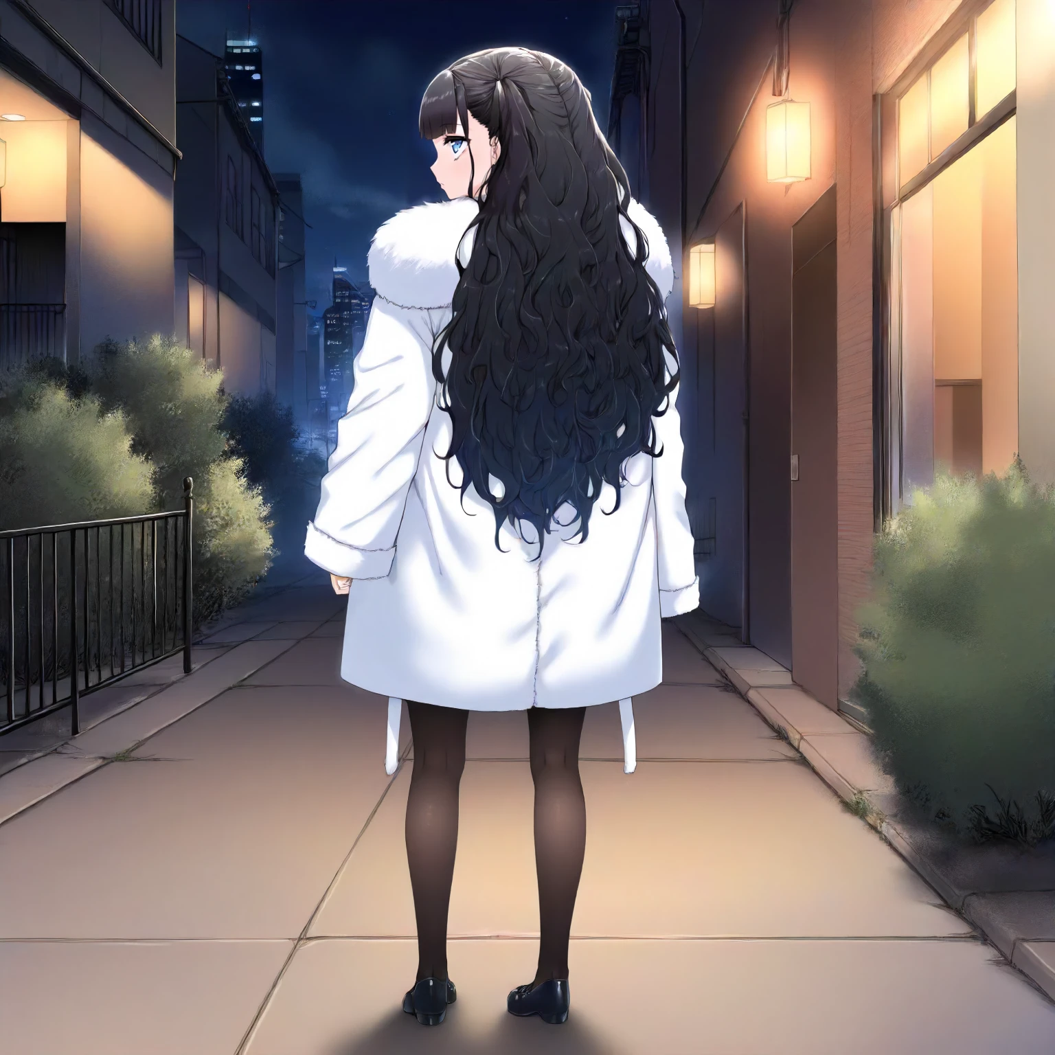 <lora:JJtYM_YusaXL006>,
outdoors,night,
solo,
Yusa,1girl,black hair,long hair,two -side up,blue eyes,
white coat,fur coat,
black skirt,
pantyhose,
black shoes,
full body,standing,looking back,looking at viewer,