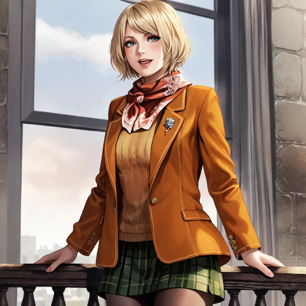 <lora:ashleyre4remake_pony_v1:.8>  AshleyJacket, 1girl, blonde hair, plaid skirt, short hair, pantyhose, jacket, sweater, scarf, turtleneck, coat, cowboy shot