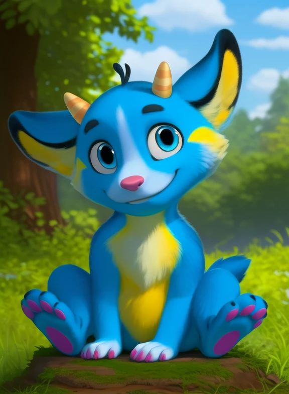 <lora:BarabashikYif:1> Barabashik, blue fur, yellow belly, blue eyes, small striped horns, pink nose, pink fingers, yellow tip of tail, chibi,
Looks at the viewer, [  solo, (nature), forest, day, clouds, waterfall,  smile,] ((hands between legs))
(beautiful, aesthetic, perfect, delicate, intricate, saturated colors), masterpiece, digital drawing, best quality,
[by dagasi|ancesra:0.6], [by foxovh|personalami:0.5], [by einshelm|tom_fischbach],