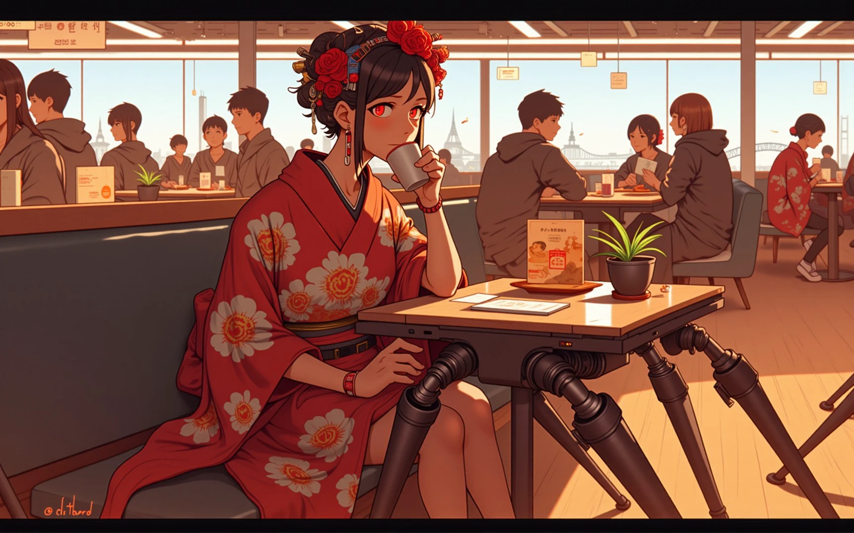 Intricate cyborg geisha with mechanical spider legs, ornate floral kimono, vivid red and white pattern, sitting in a modern Starbucks cafe, sipping coffee; surrounded by other spider humanoid pals with varying cybernetic designs; warm ambient lighting, cozy wooden furniture, large windows; futuristic touchscreens, minimalist decor; coffee cups, pastries on the table; lively yet peaceful atmosphere, soft conversations in the background; delicate facial features, sharp cybernetic implants; complex metallic limbs, polished components; intense red eye, intricate facial tattoos, intricate headgear with red roses intertwined with electronics.