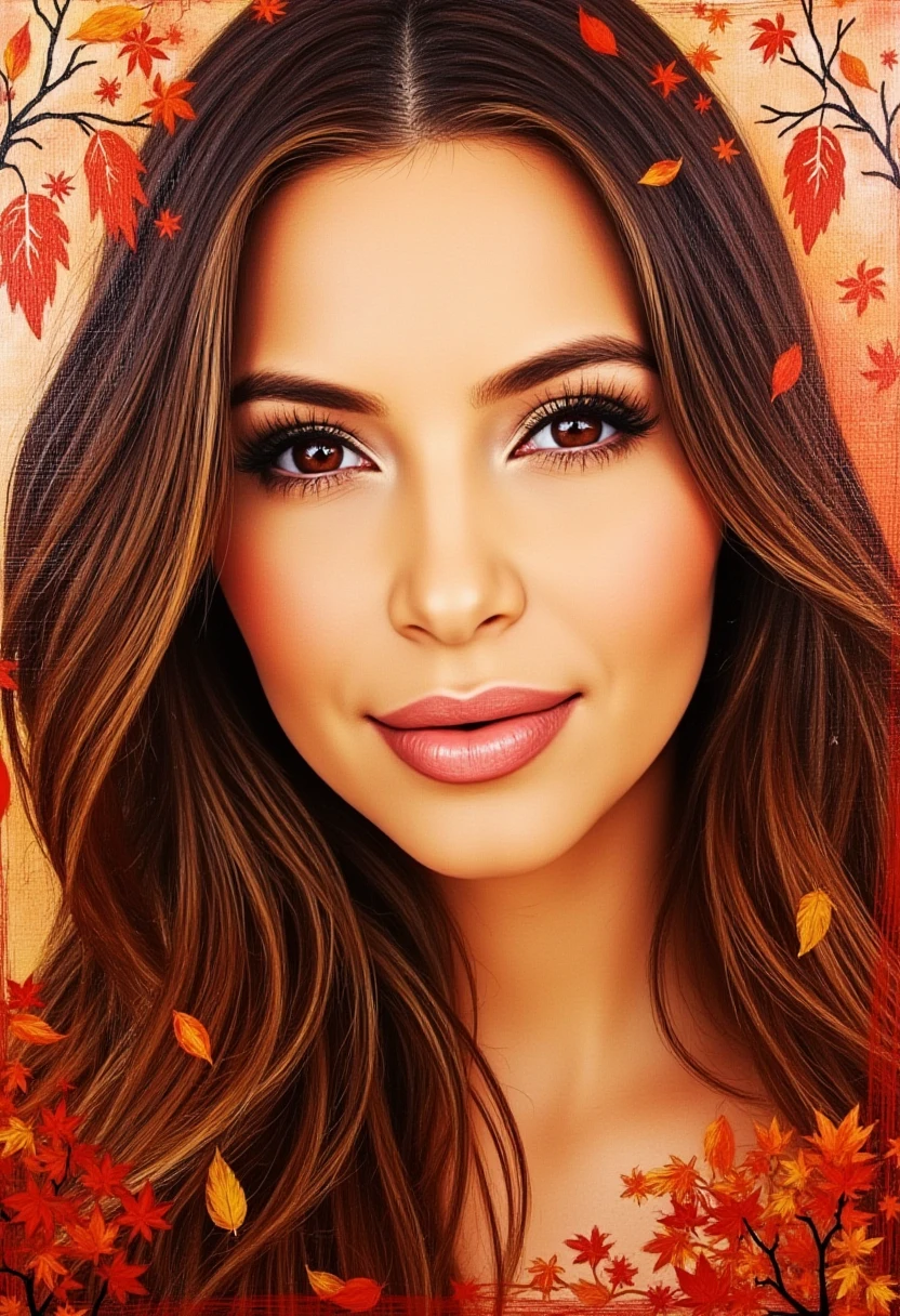 woman, light makeup,  Expressionistic abstract painting utilizing a rough palette knife technique depicting the face of a woman with long flowing hair in the fall. The autumn theme is respresented through primary use of the colors red, orange and brown as well as autumn trees and leaves, direct eye contact, k1mk4rd