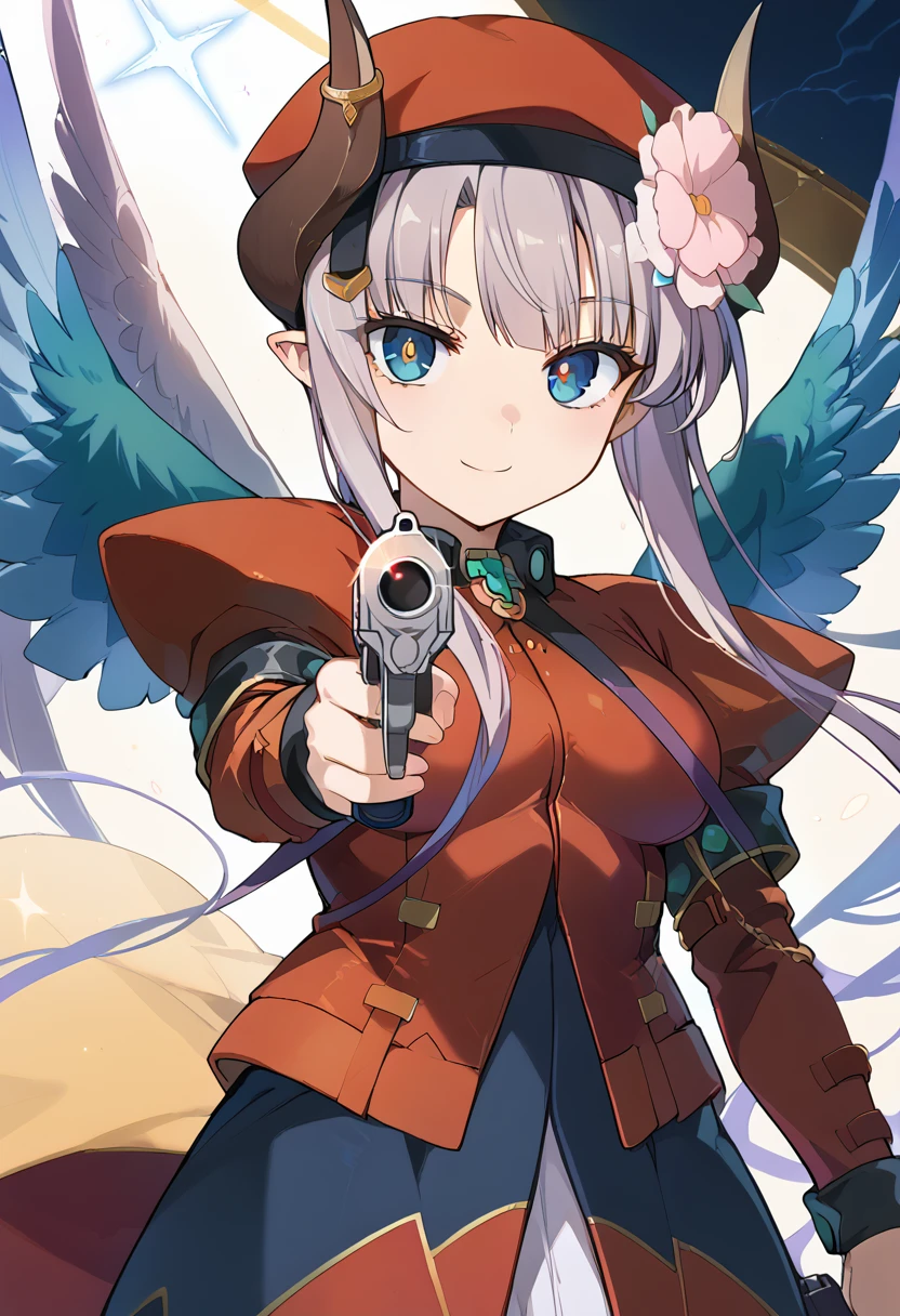 score_9, score_8_up, score_7_up, source anime, la hawzel, 1girl, solo, wings, horns, blue eyes, flower, red military unifom, long hair, pointy ears, smile, grey hair,  hair flower, red beret, shoulder armor, long skirt, holding gun, aiming, aiming at viewer, finger on trigger, <lora:la_hawzel-xl-pony-v1:1>, <lora:aim-xl-pony-v3:1>,