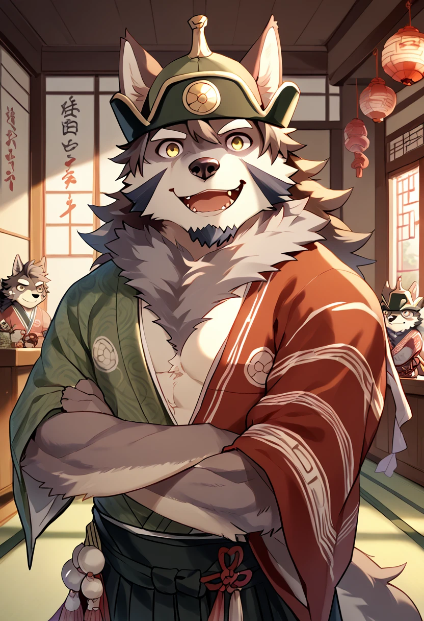 score_9, score_8_up, score_7_up, high quality, hires, temujin, housamo, tokyo afterschool summoners, cute:1.2, chibi:1.5, furry, wolf boy, yellow eyes, goatee, japanese clothes, cowboy shot, happy, open mouth, room, detailed background, <lora:Temujin_TAS_Housamo:1>, looking at viewer